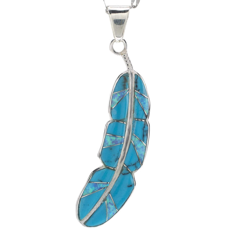 Kalifano Southwest Silver Jewelry Turquoise Feather 925 Sterling Silver Pendant USA Handmade with Opal Accent NMN.2312.TQ