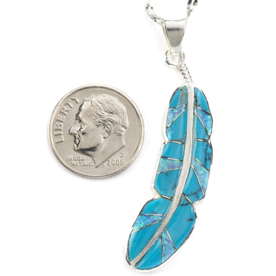 Kalifano Southwest Silver Jewelry Turquoise Feather 925 Sterling Silver Pendant USA Handmade with Opal Accent NMN.2312.TQ