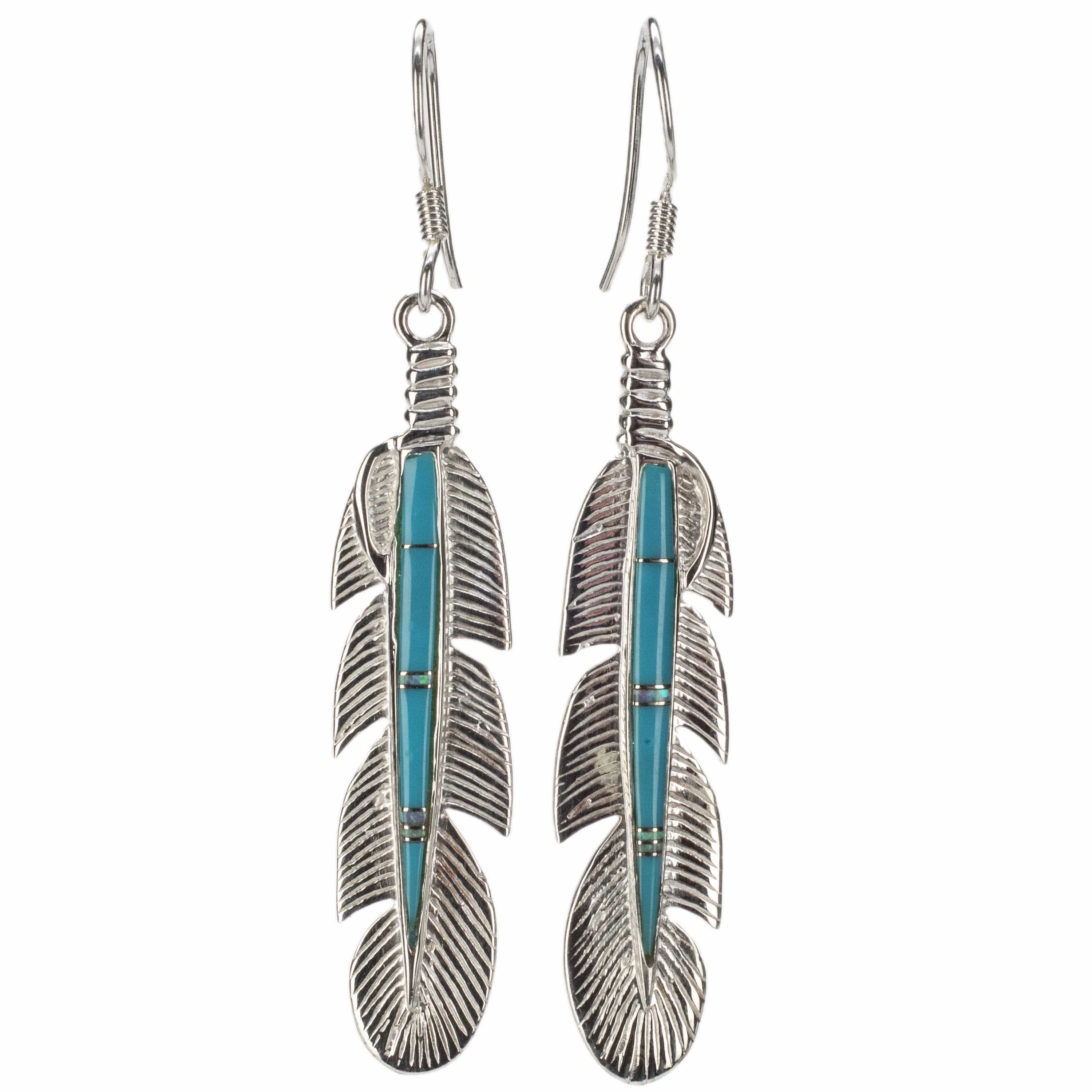 Kalifano Southwest Silver Jewelry Turquoise Feather Earrings Handmade with Sterling Silver and Opal Accent NME.0741.TQ