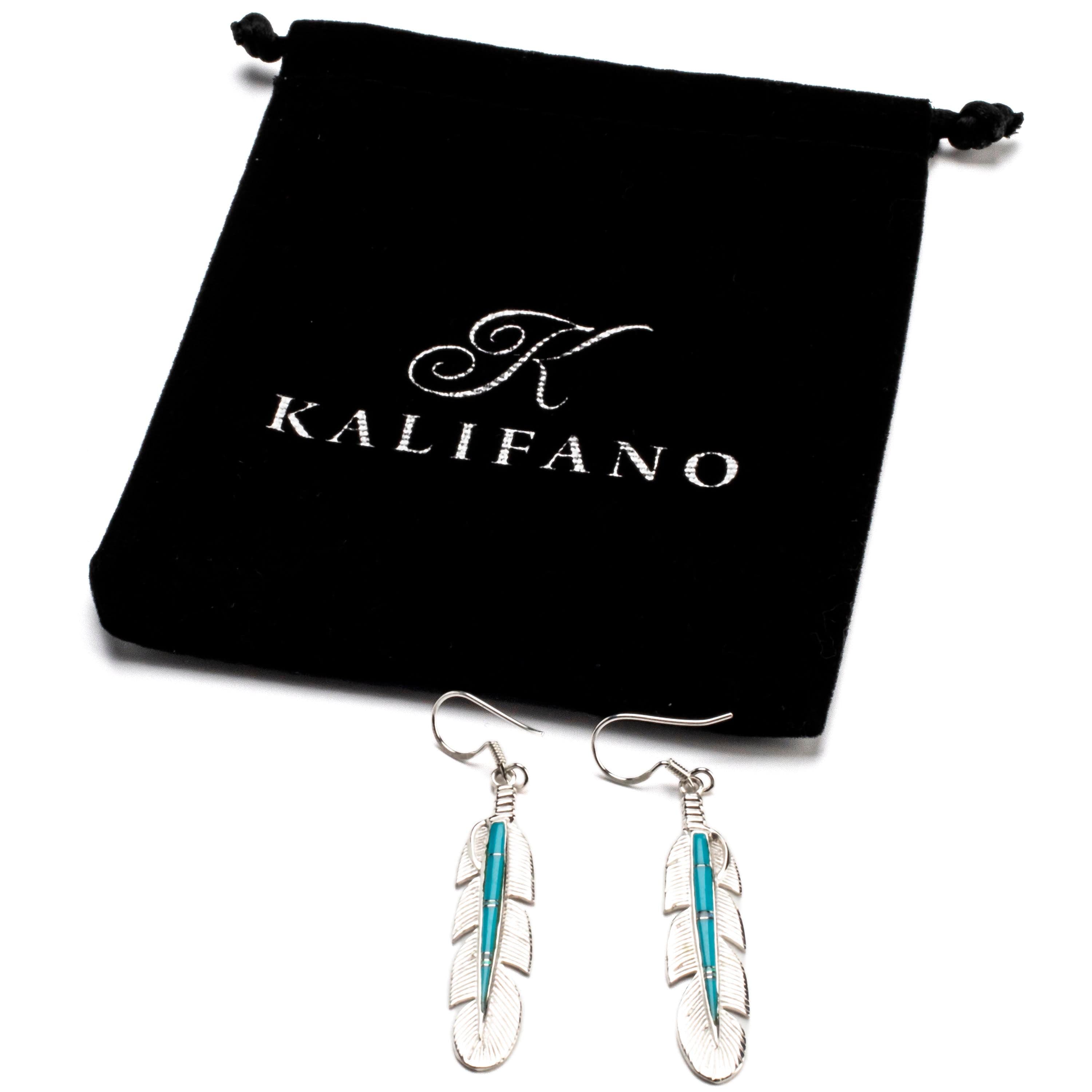 Kalifano Southwest Silver Jewelry Turquoise Feather Earrings Handmade with Sterling Silver and Opal Accent NME.0741.TQ