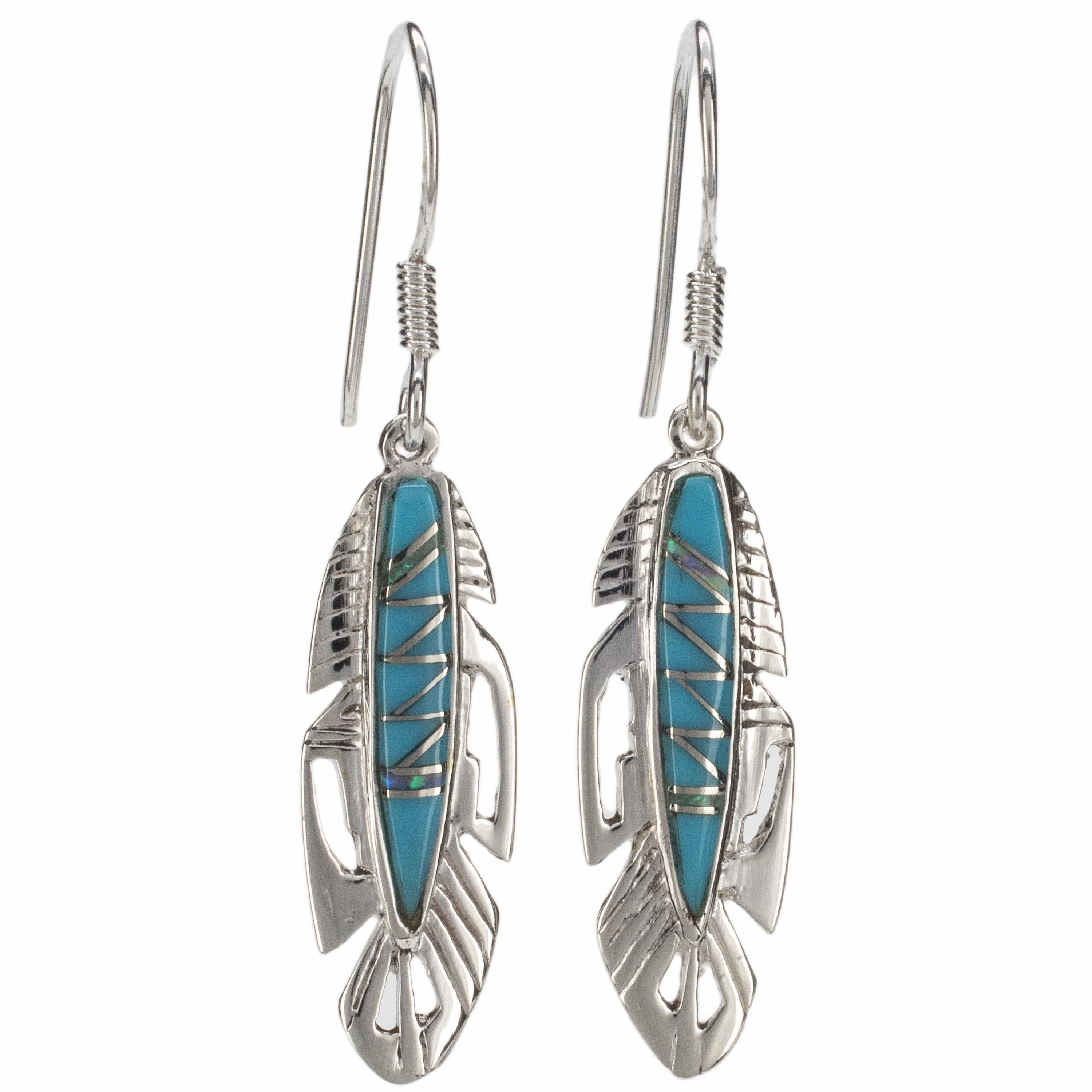 Kalifano Southwest Silver Jewelry Turquoise Feather Earrings Handmade with Sterling Silver and Opal Accent NME.2113.TQ
