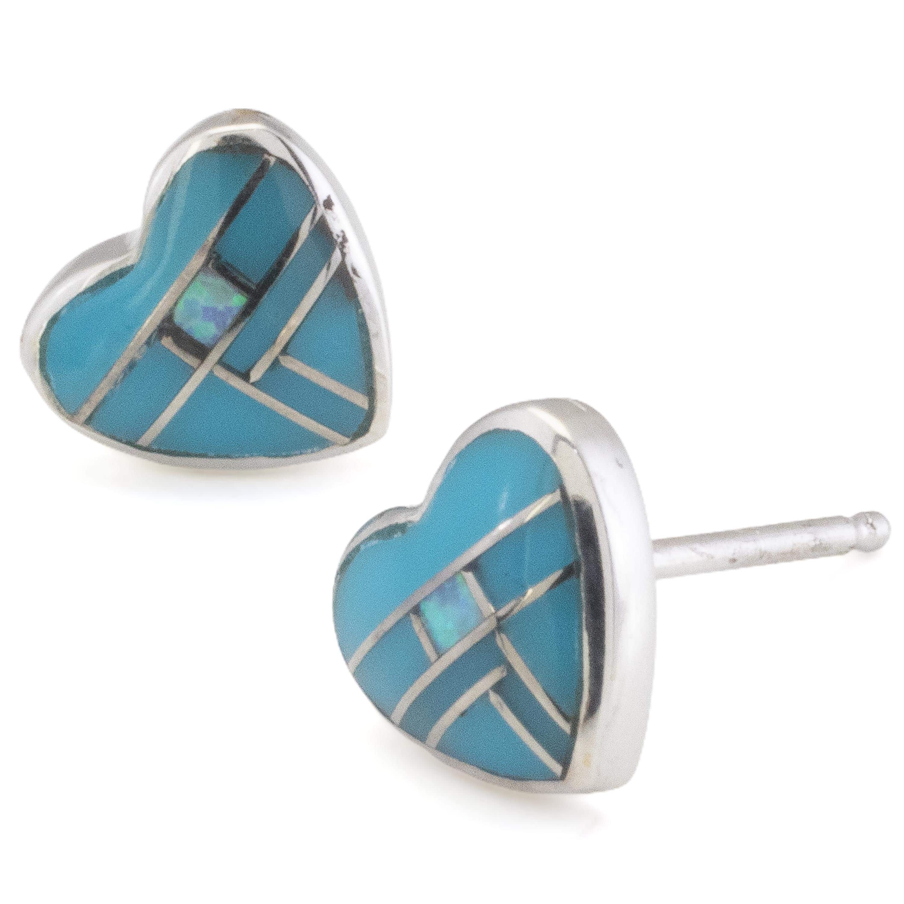 Kalifano Southwest Silver Jewelry Turquoise Heart 925 Sterling Silver Earring with Stud Backing USA Handmade with Opal Accent NME.2240.TQ