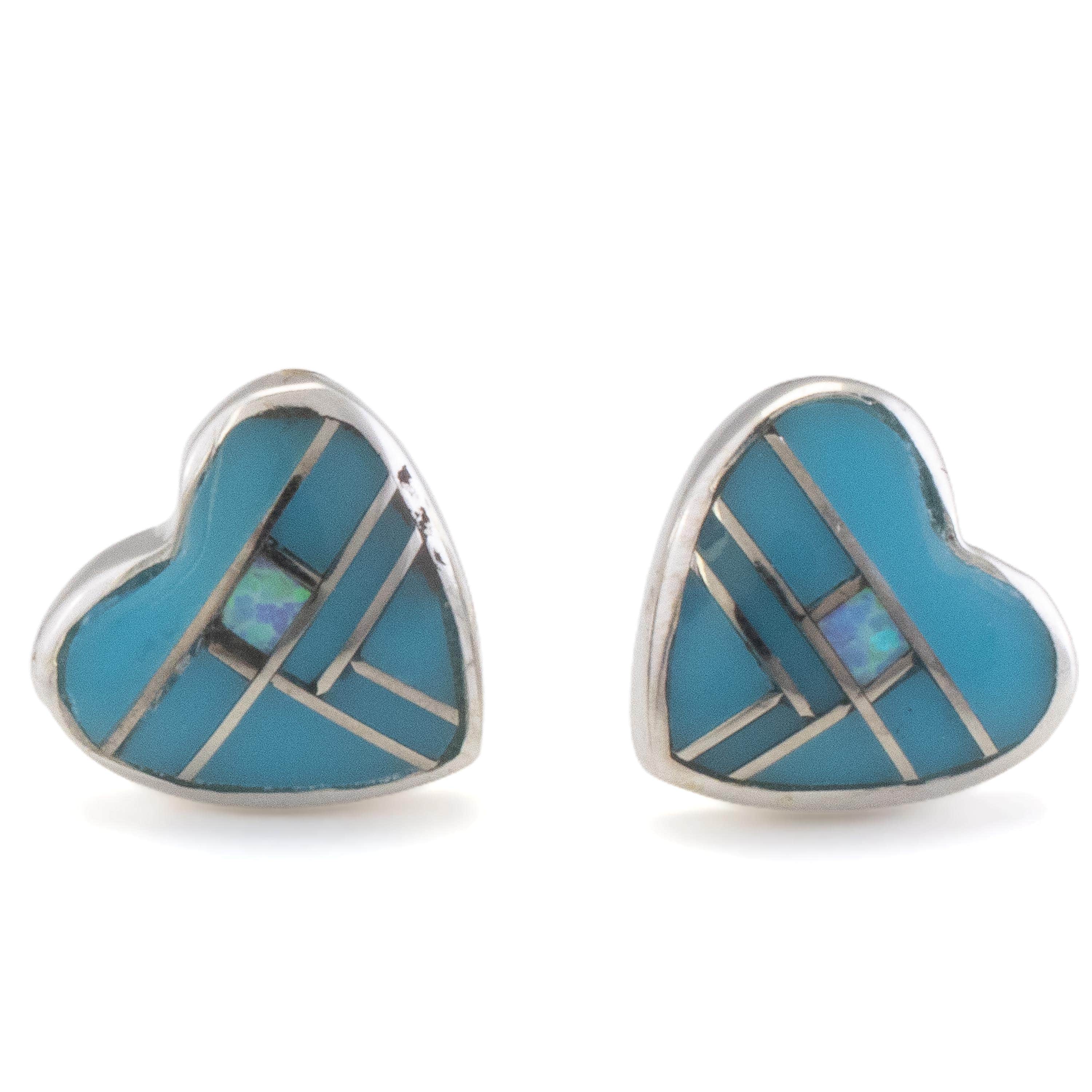 Kalifano Southwest Silver Jewelry Turquoise Heart 925 Sterling Silver Earring with Stud Backing USA Handmade with Opal Accent NME.2240.TQ