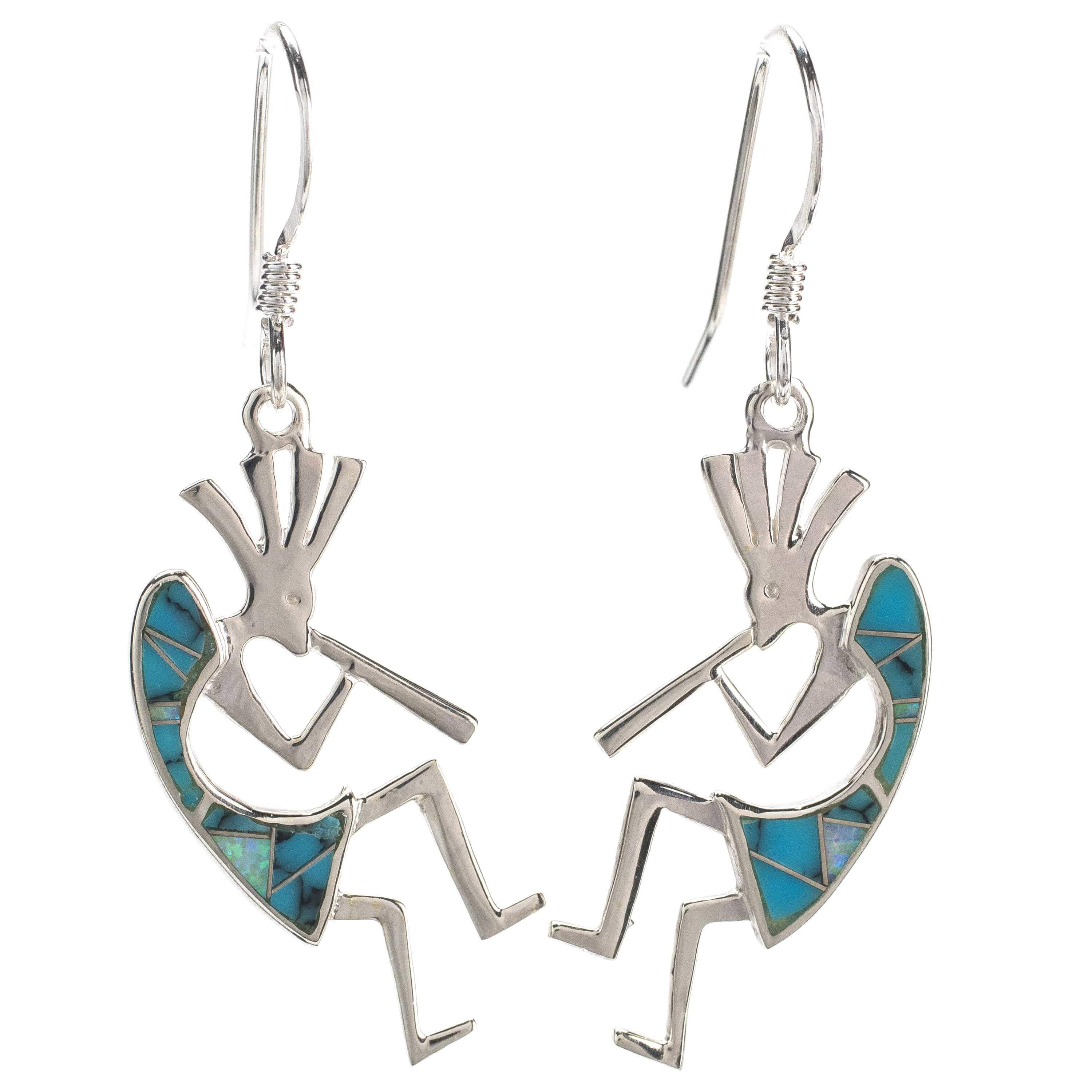 Kalifano Southwest Silver Jewelry Turquoise Kokopelli 925 Sterling Silver Earring with French Hook USA Handmade with Aqua Opal Accent NME.2155.TQ