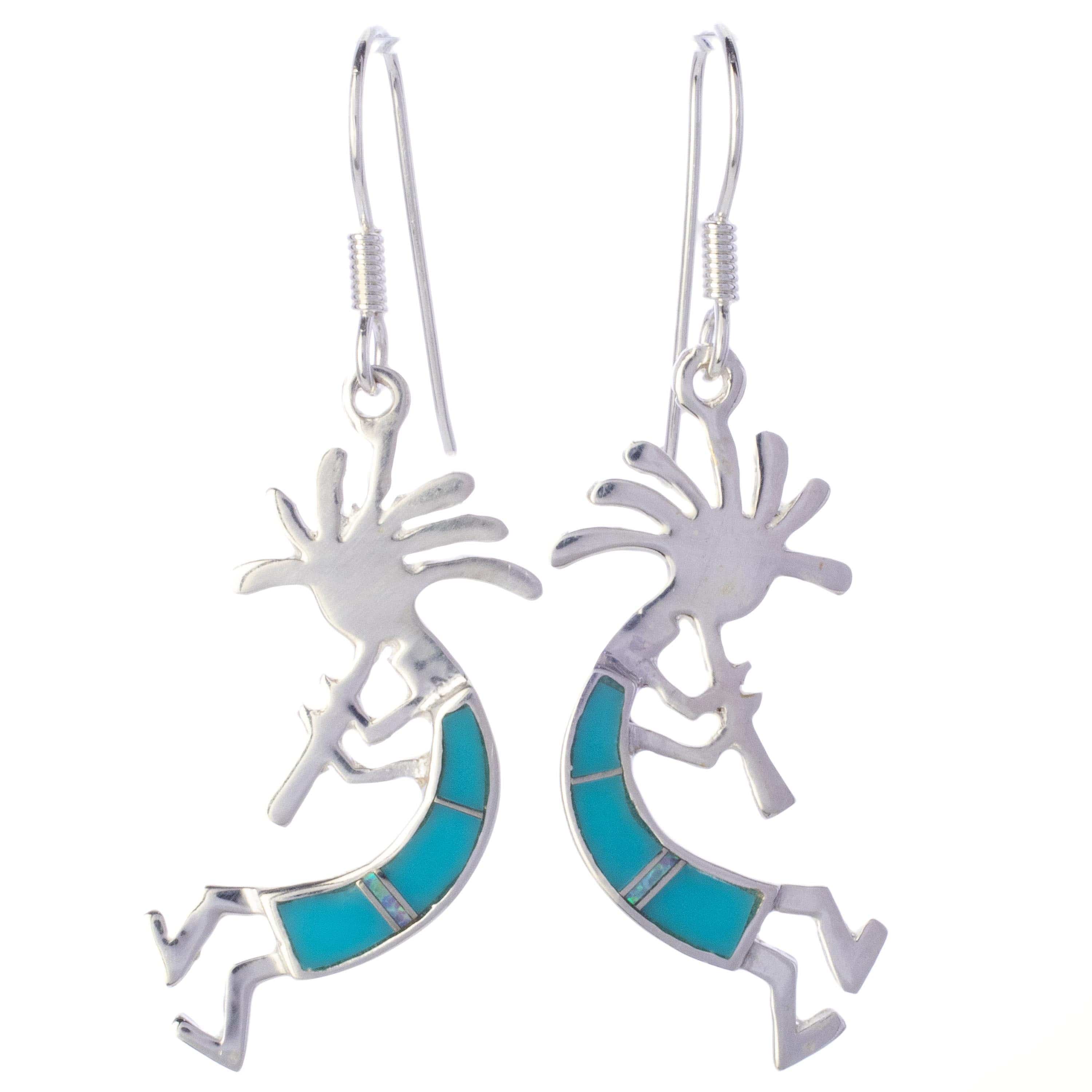 KALIFANO Southwest Silver Jewelry Turquoise Kokopelli Sterling Silver Earrings with French Hook USA Handmade with Opal Accent NME.2150.TQ