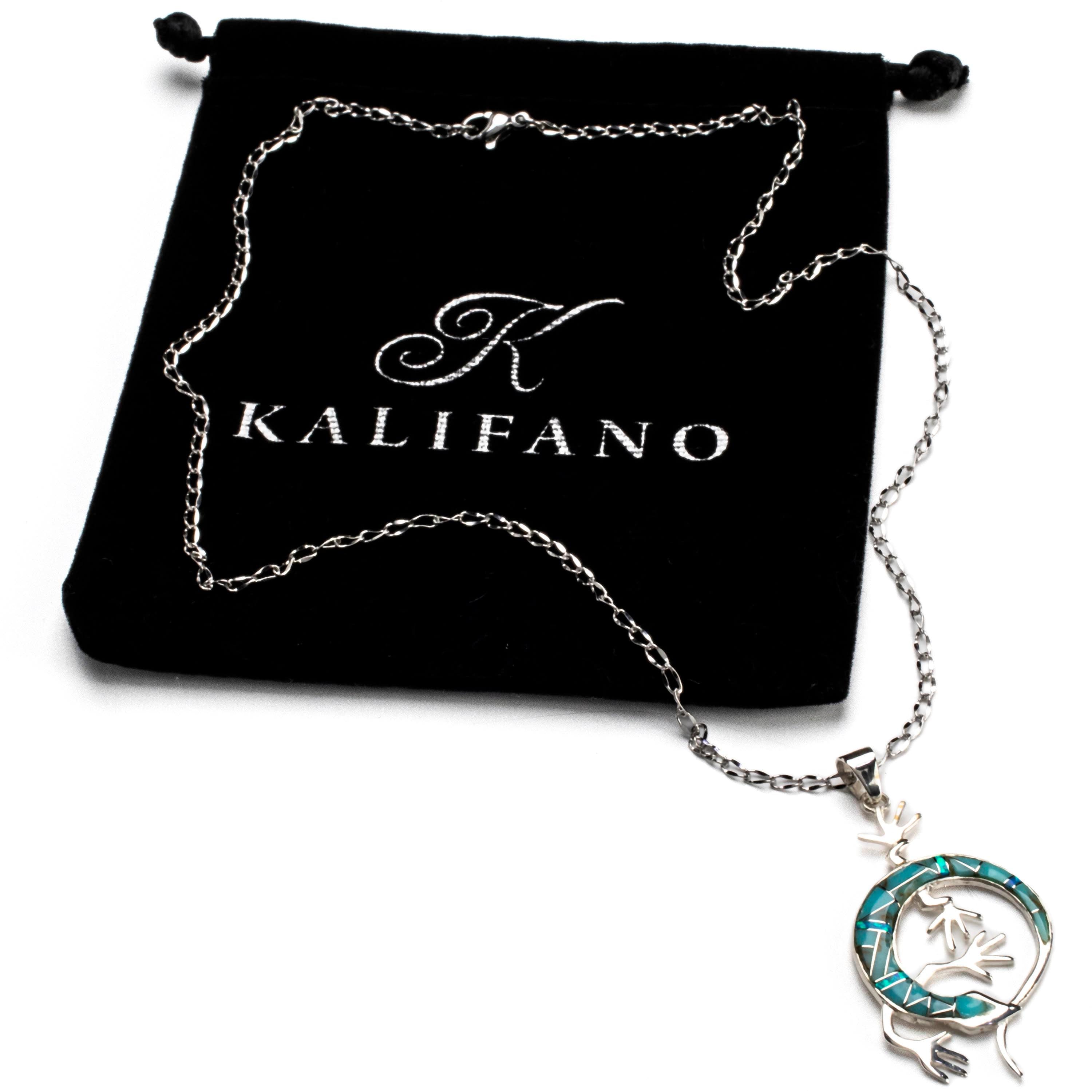 Kalifano Southwest Silver Jewelry Turquoise Lizard Handmade with Sterling Silver Pendant and Opal Accent NMN.2162.TQ