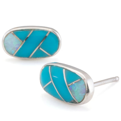 Kalifano Southwest Silver Jewelry Turquoise Oval Earrings Handmade with Sterling Silver and Opal Accent NME.2238.TQ
