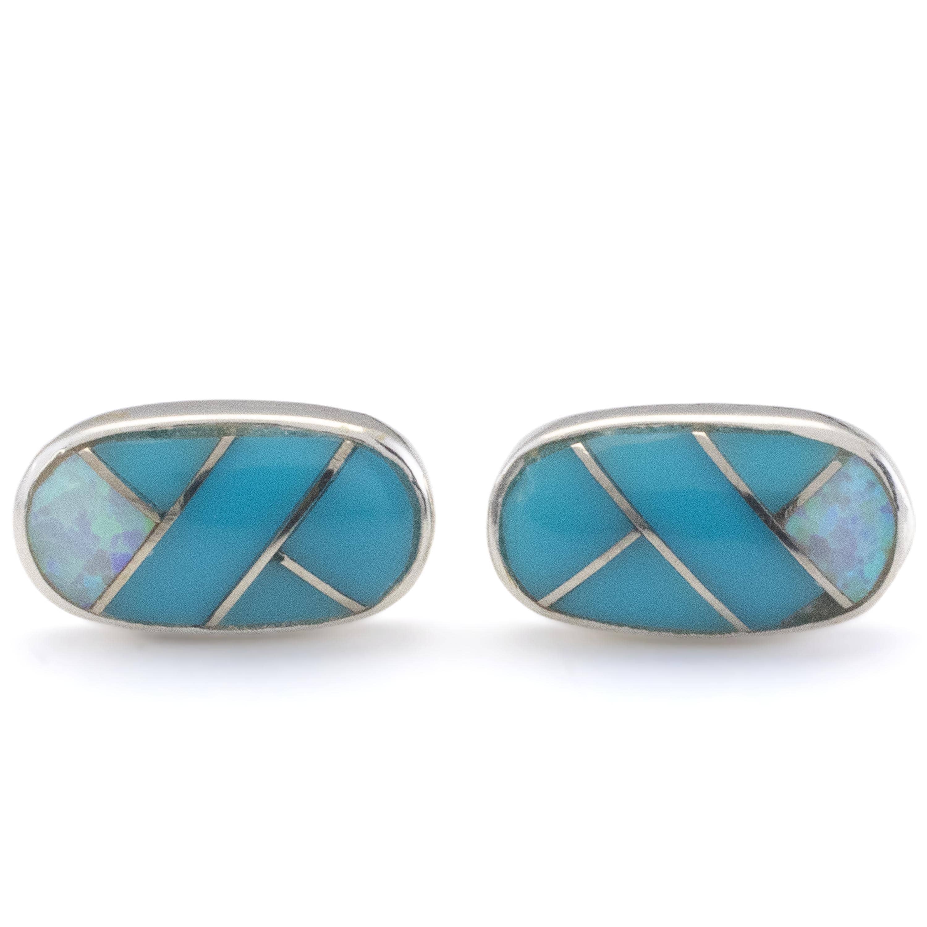 Kalifano Southwest Silver Jewelry Turquoise Oval Earrings Handmade with Sterling Silver and Opal Accent NME.2238.TQ