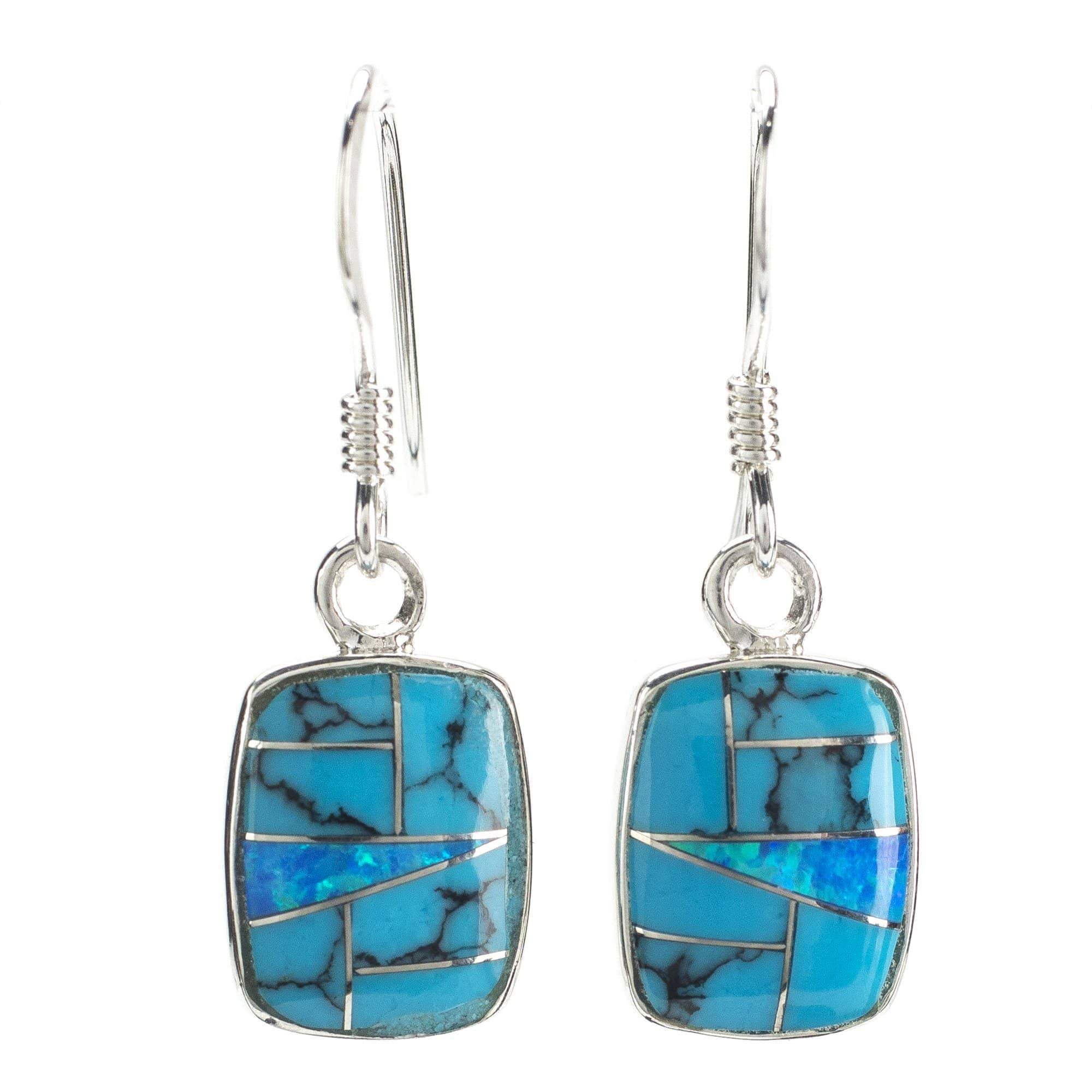 Kalifano Southwest Silver Jewelry Turquoise Rectangle 925 Sterling Silver Earring with Stud Backing USA Handmade with Opal Accent NME.2072.TQ