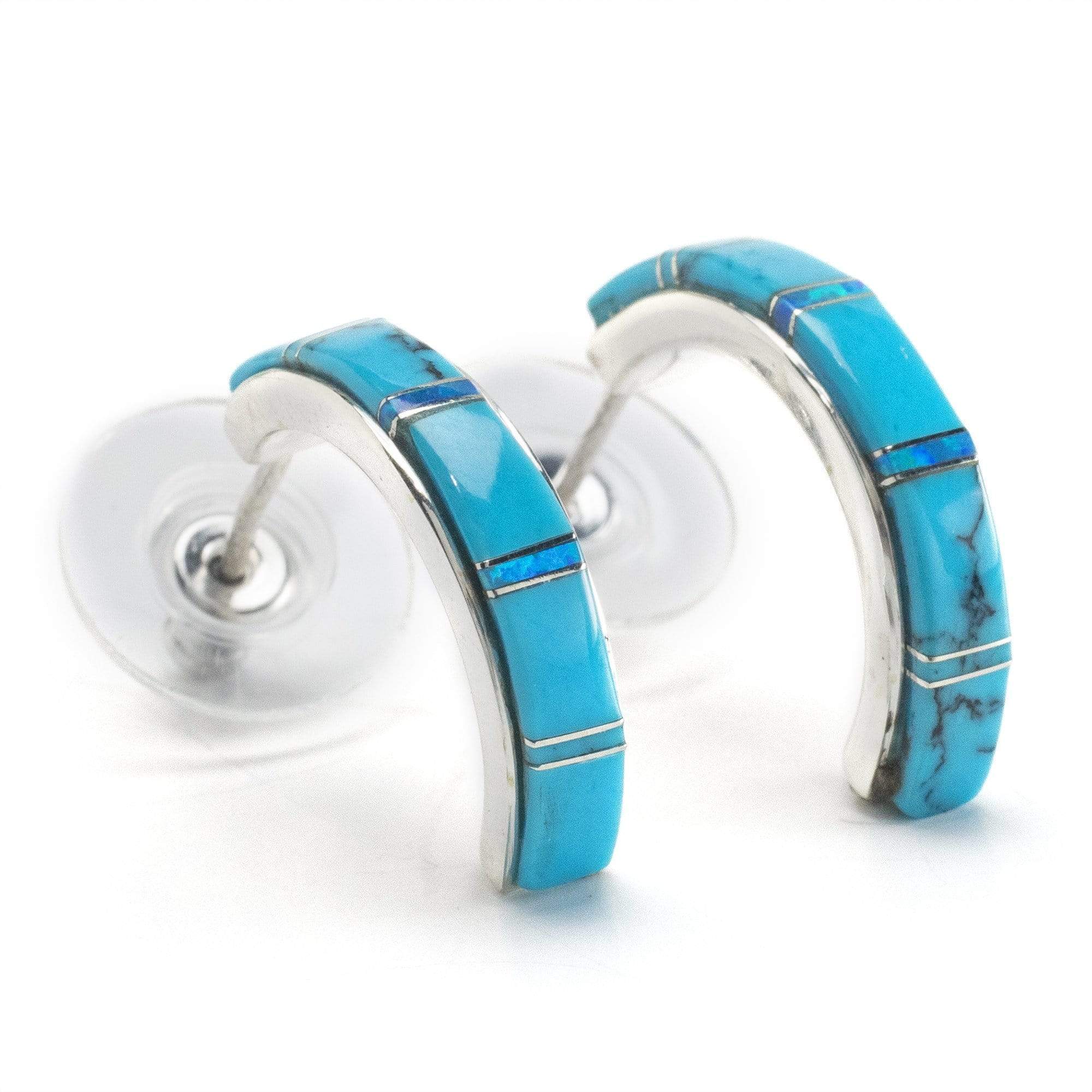 Kalifano Southwest Silver Jewelry Turquoise Semi Hoop 925 Sterling Silver Earring USA Handmade with Opal Accent NME.0406.TQ