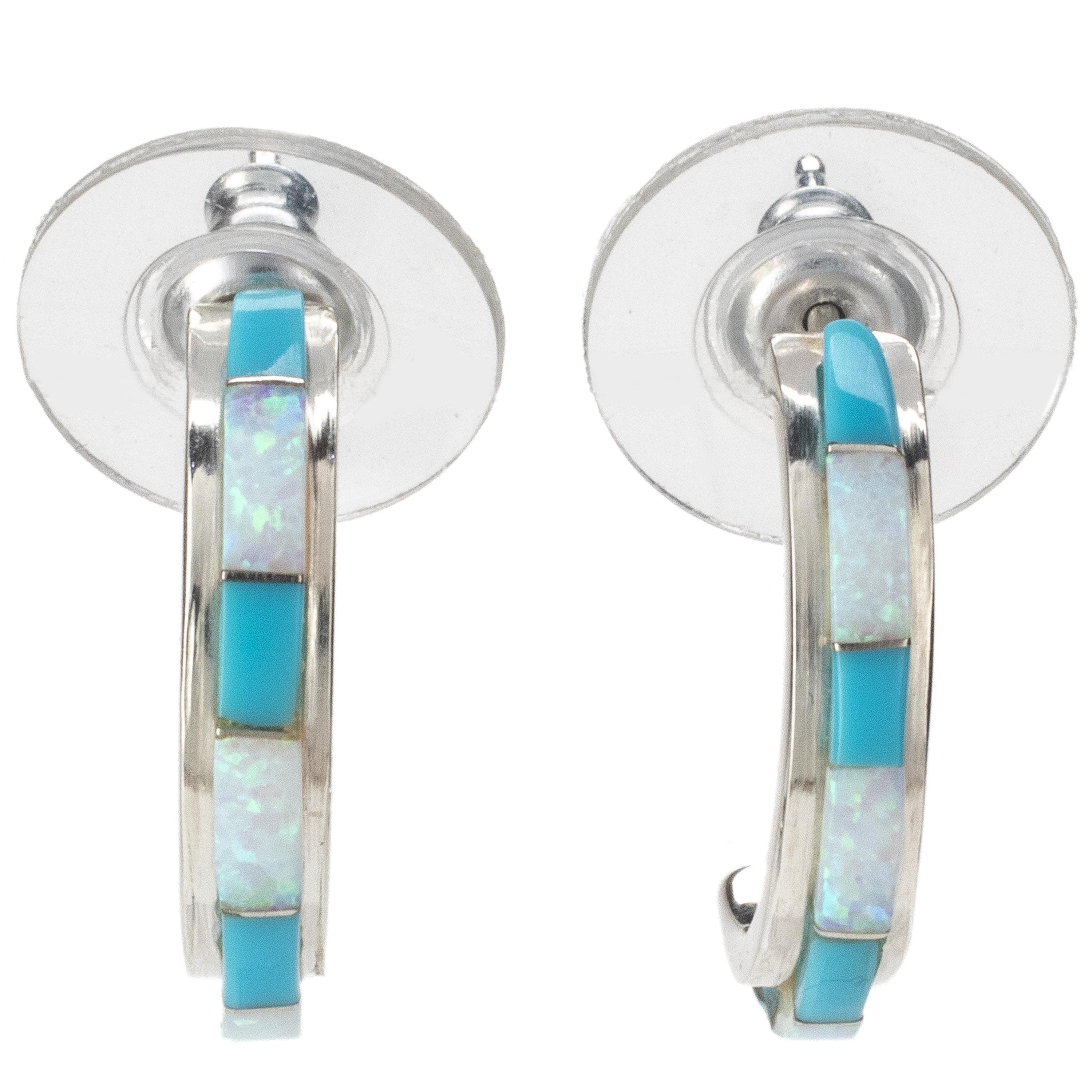 Kalifano Southwest Silver Jewelry Turquoise Semi Hoop Earrings Handmade with Sterling Silver and Opal Accent NME.0612.TQ
