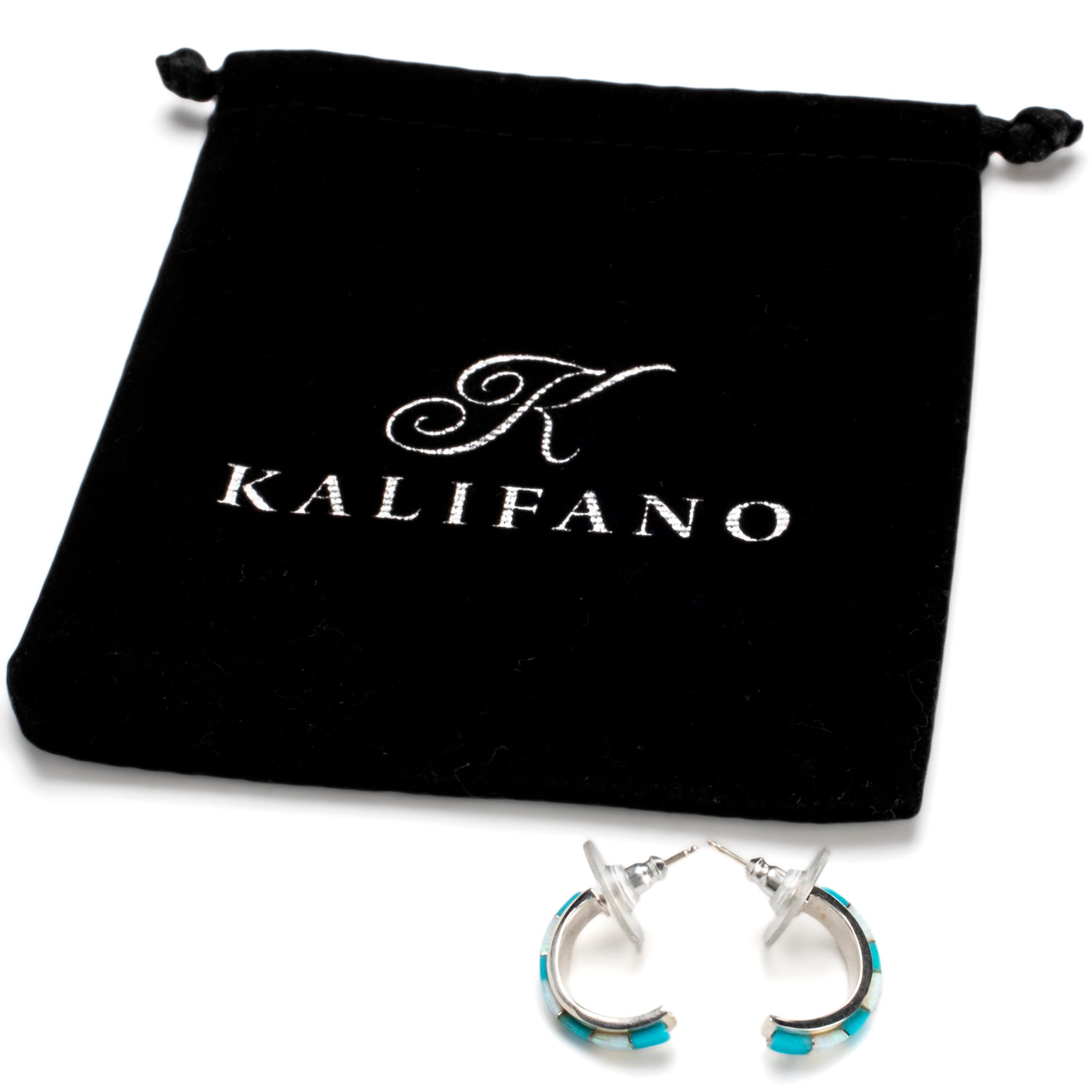 Kalifano Southwest Silver Jewelry Turquoise Semi Hoop Earrings Handmade with Sterling Silver and Opal Accent NME.0612.TQ