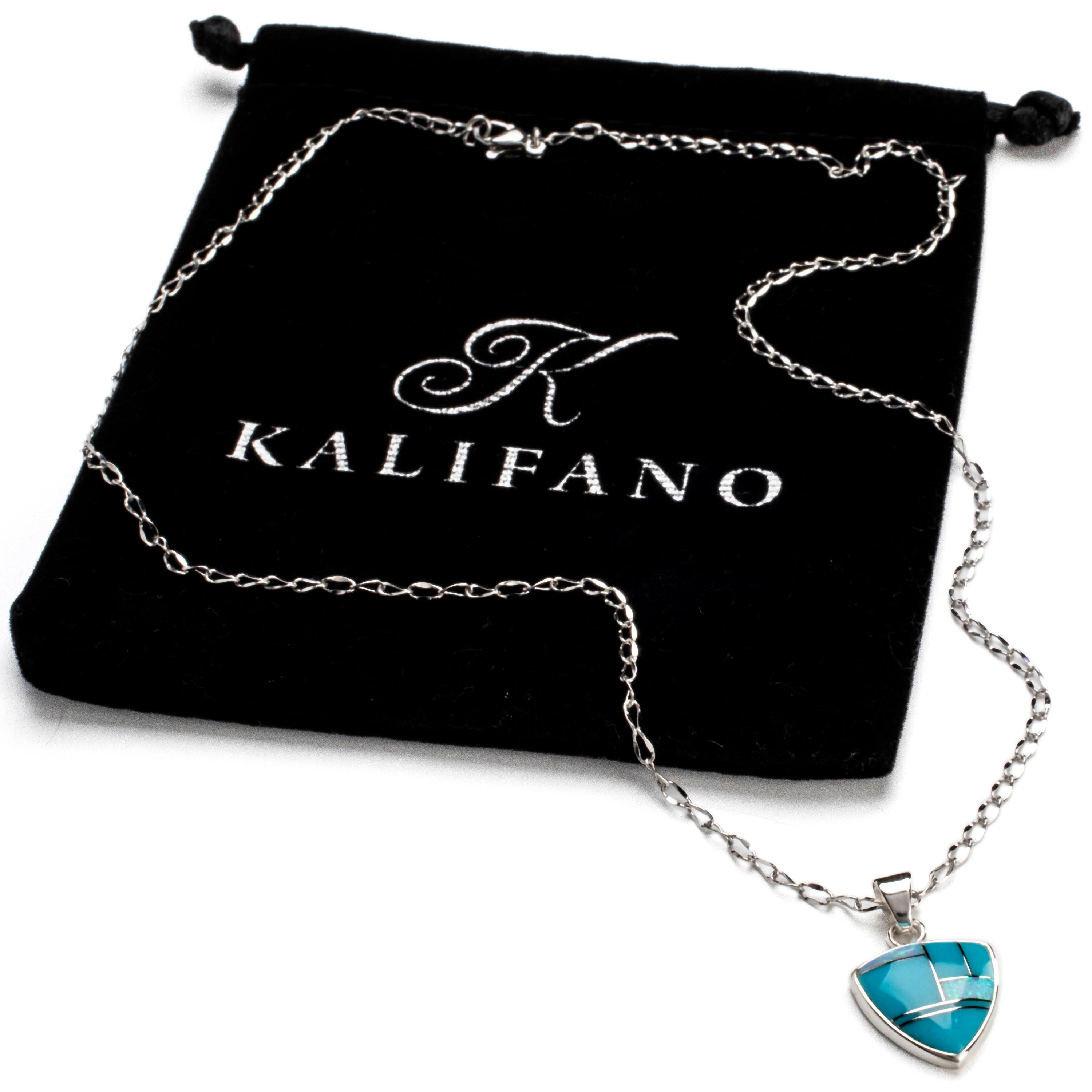 Kalifano Southwest Silver Jewelry Turquoise Shield Handmade with Sterling Silver Pendant and Opal Accent NMN.2242.TQ