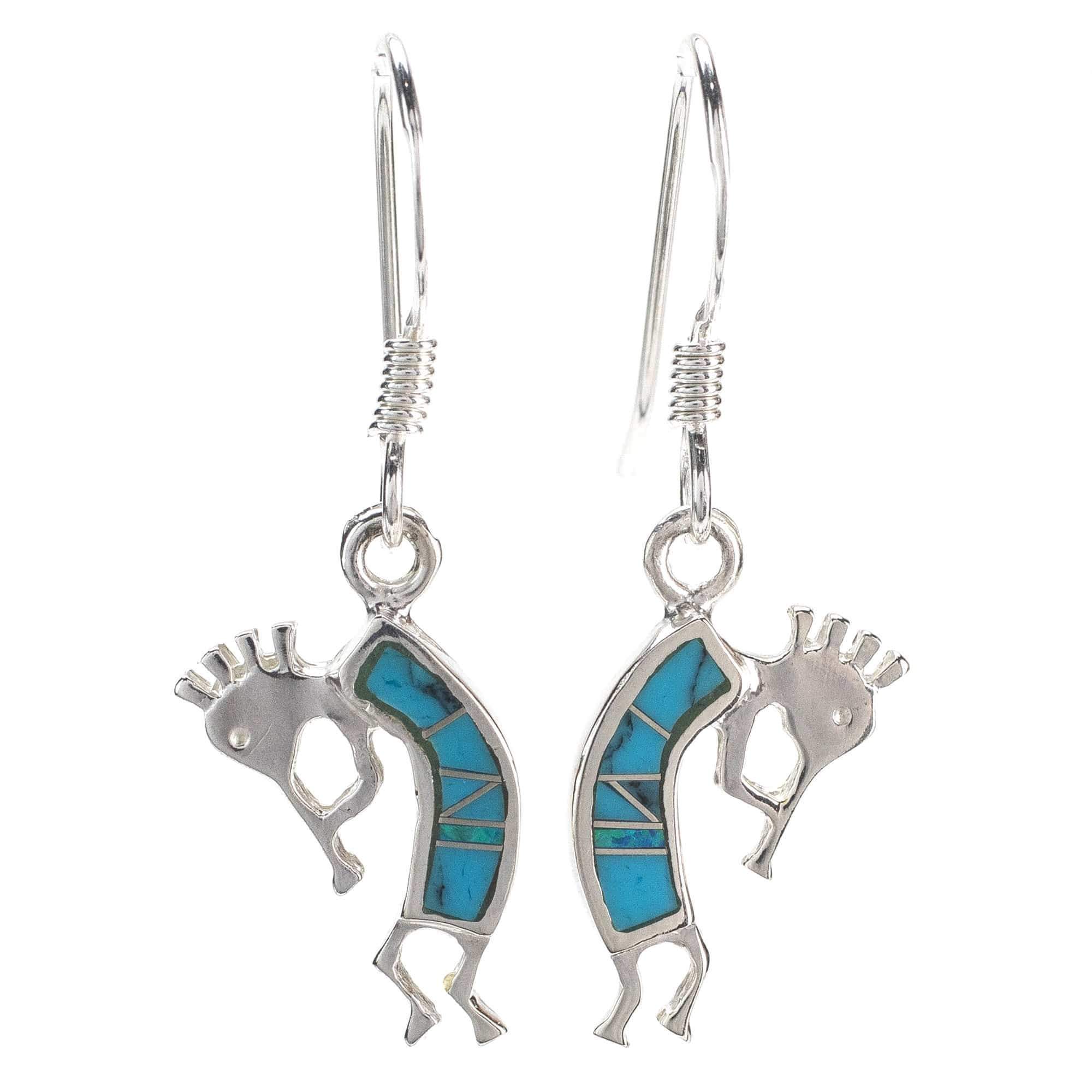 Kalifano Southwest Silver Jewelry Turquoise Small Kokopelli 925 Sterling Silver Earring with French Hook USA Handmade with Aqua Opal Accent NME.0607.TQ