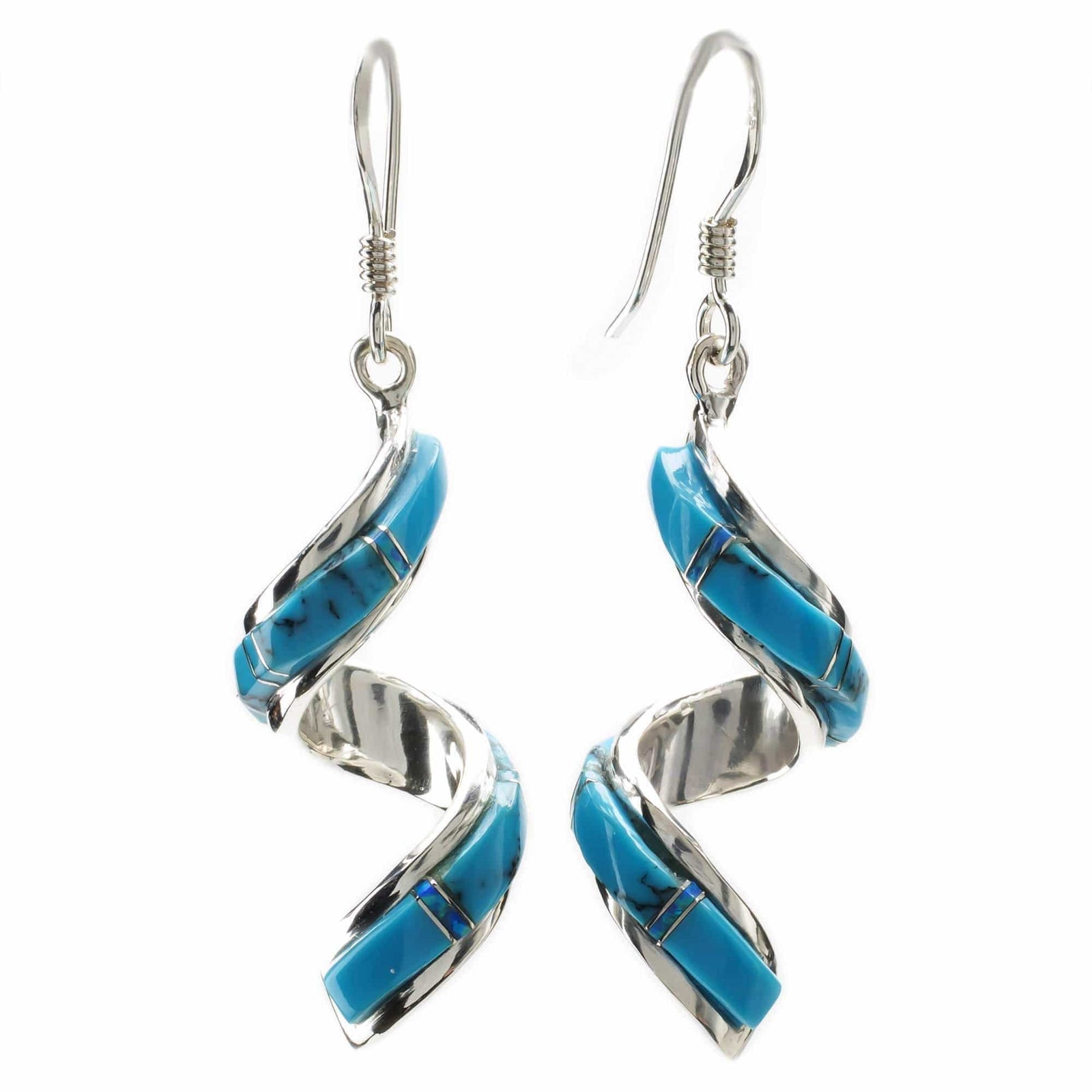 Kalifano Southwest Silver Jewelry Turquoise Spiral 925 Sterling Silver Earring with French Hook USA Handmade with Opal Accent NME.0633.TQ