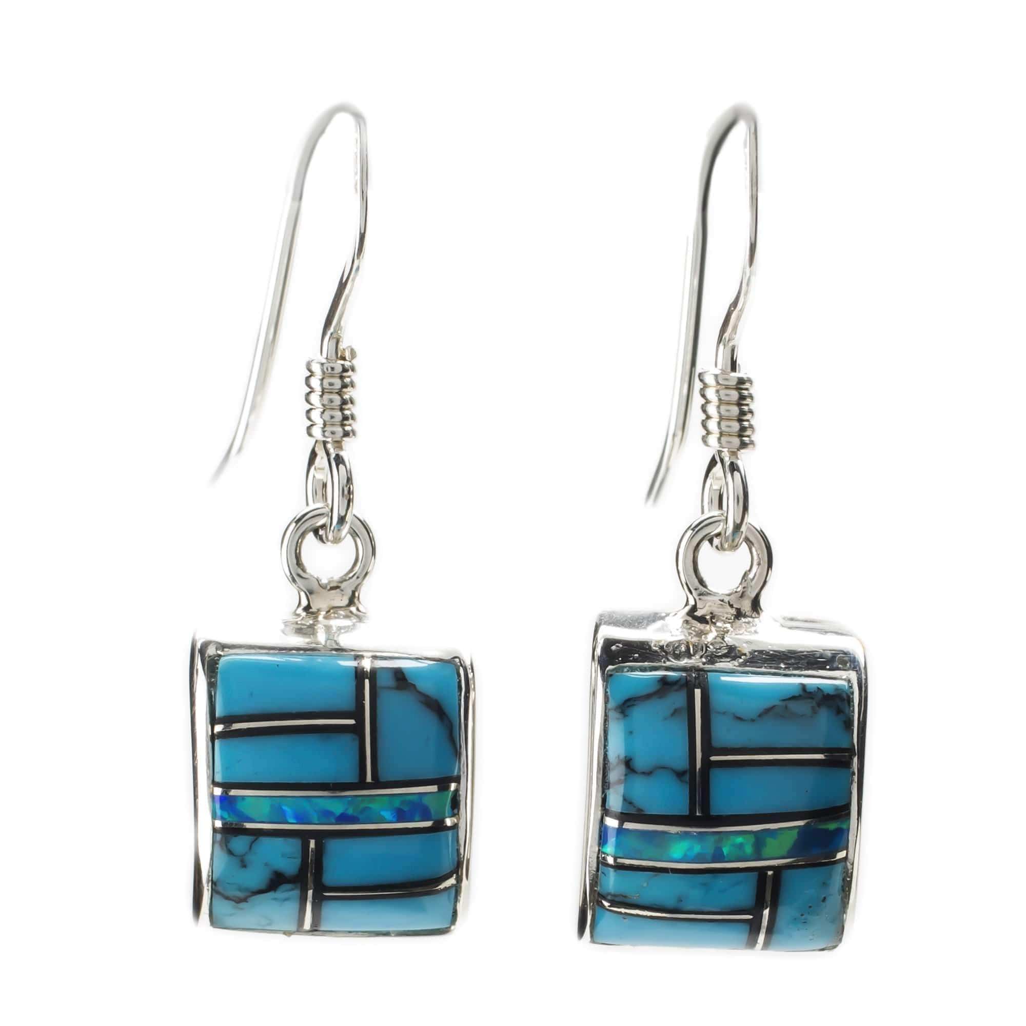 Kalifano Southwest Silver Jewelry Turquoise Square 925 Sterling Silver Earring with French Hook USA Handmade with Aqua Opal Accent NME.1116.TQ