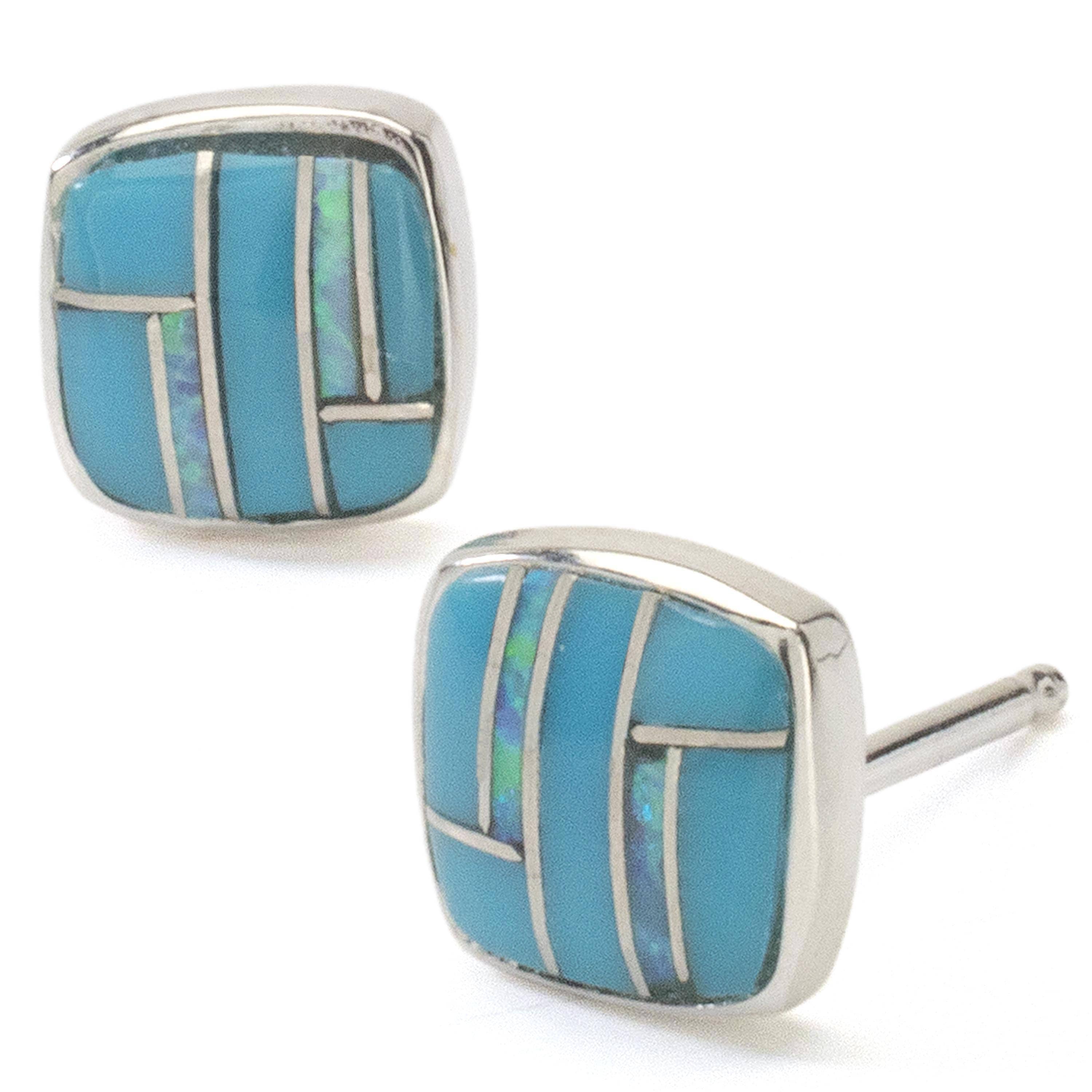 Kalifano Southwest Silver Jewelry Turquoise Square 925 Sterling Silver Earring with Stud Backing USA Handmade with Opal Accent NME.2241.TQ