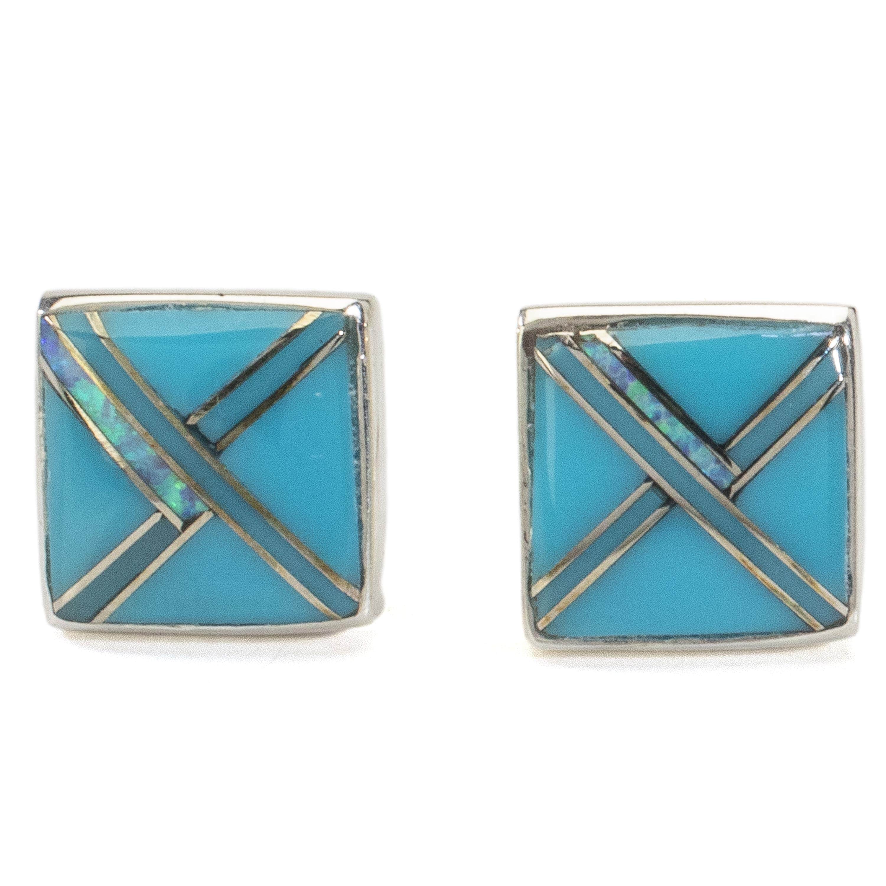 Kalifano Southwest Silver Jewelry Turquoise Square Earrings Handmade with Sterling Silver and Opal Accent NME.2263.TQ