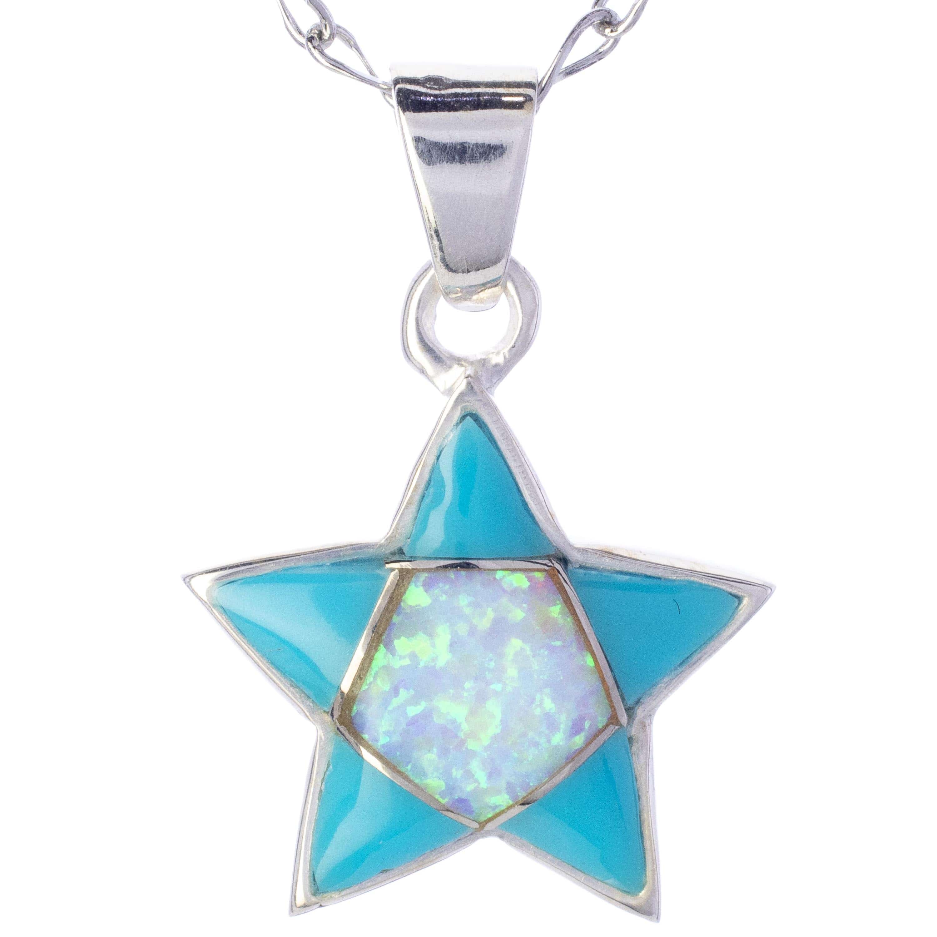 Kalifano Southwest Silver Jewelry Turquoise Star 925 Sterling Silver Pendant USA Handmade with Opal Accent NMN.2243.TQ