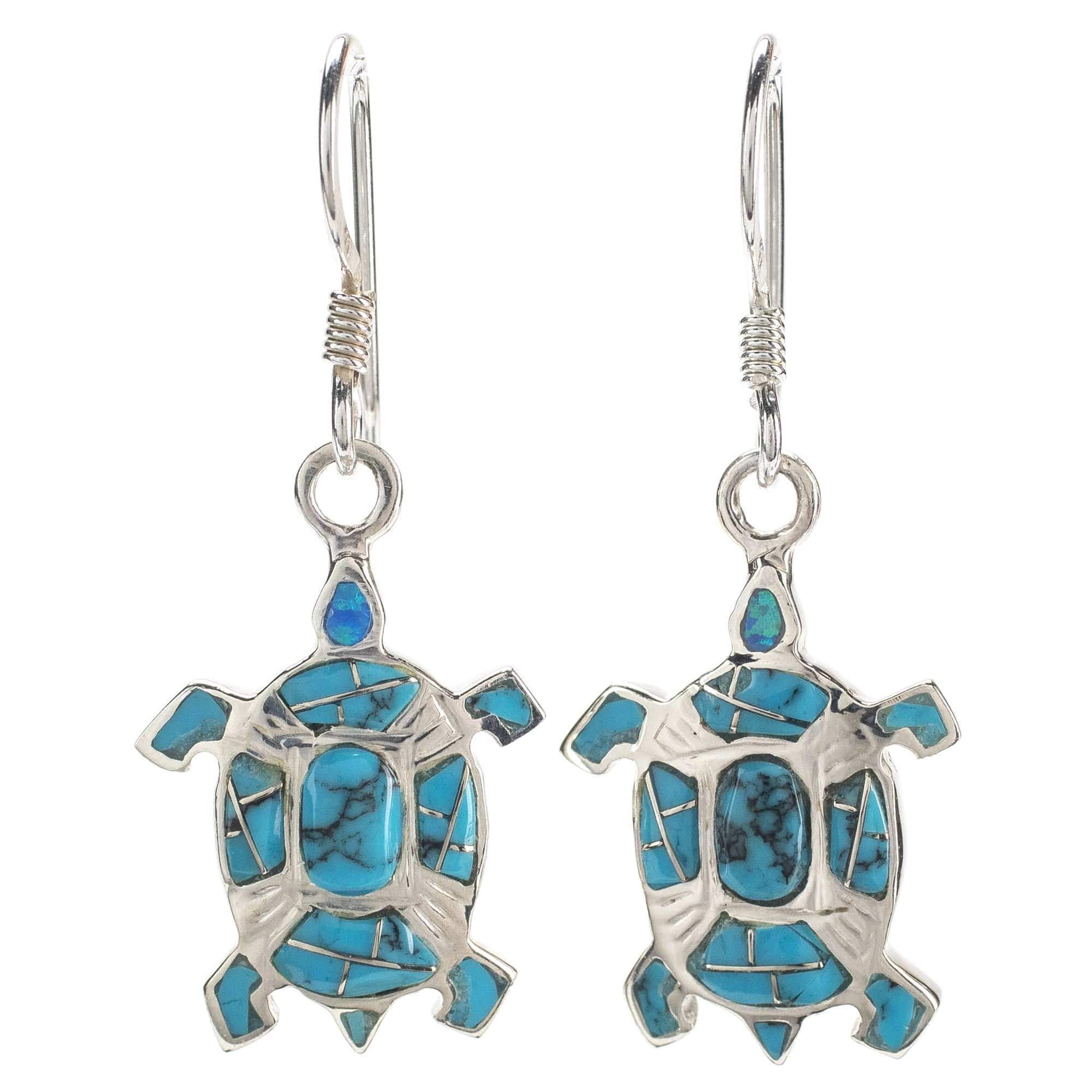 Kalifano Southwest Silver Jewelry Turquoise Turtle 925 Sterling Silver Earring with French Hook USA Handmade with Opal Accent NME.0894.TQ