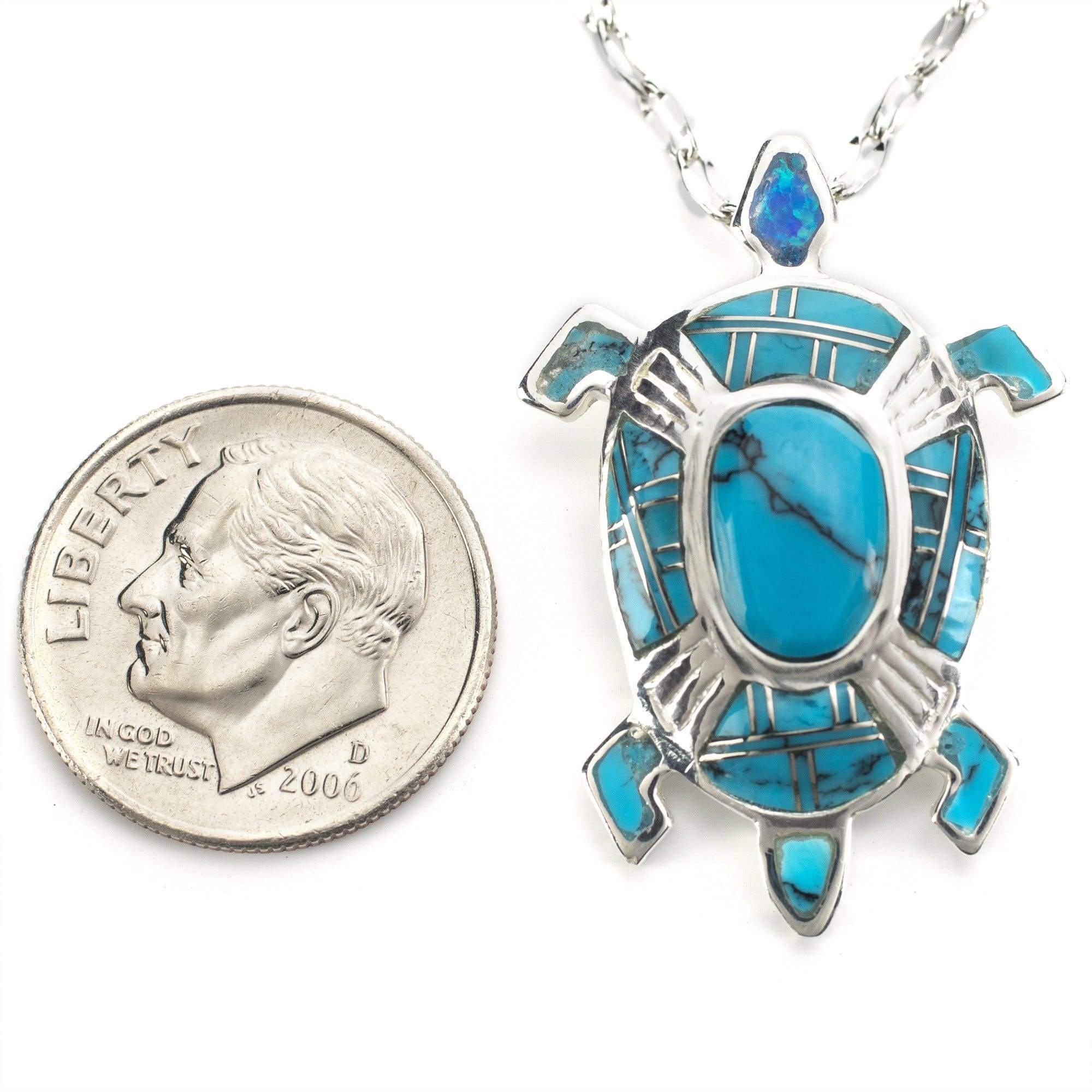 Kalifano Southwest Silver Jewelry Turquoise Turtle 925 Sterling Silver Pendant USA Handmade with Opal Accent NMN.0894.TQ