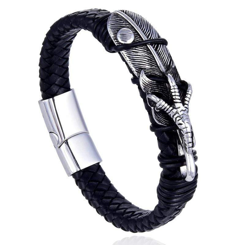 Kalifano Stainless Steel Bracelets SHB200-11 - Steel Hearts Feather Claw Leather Bracelet SHB200-11