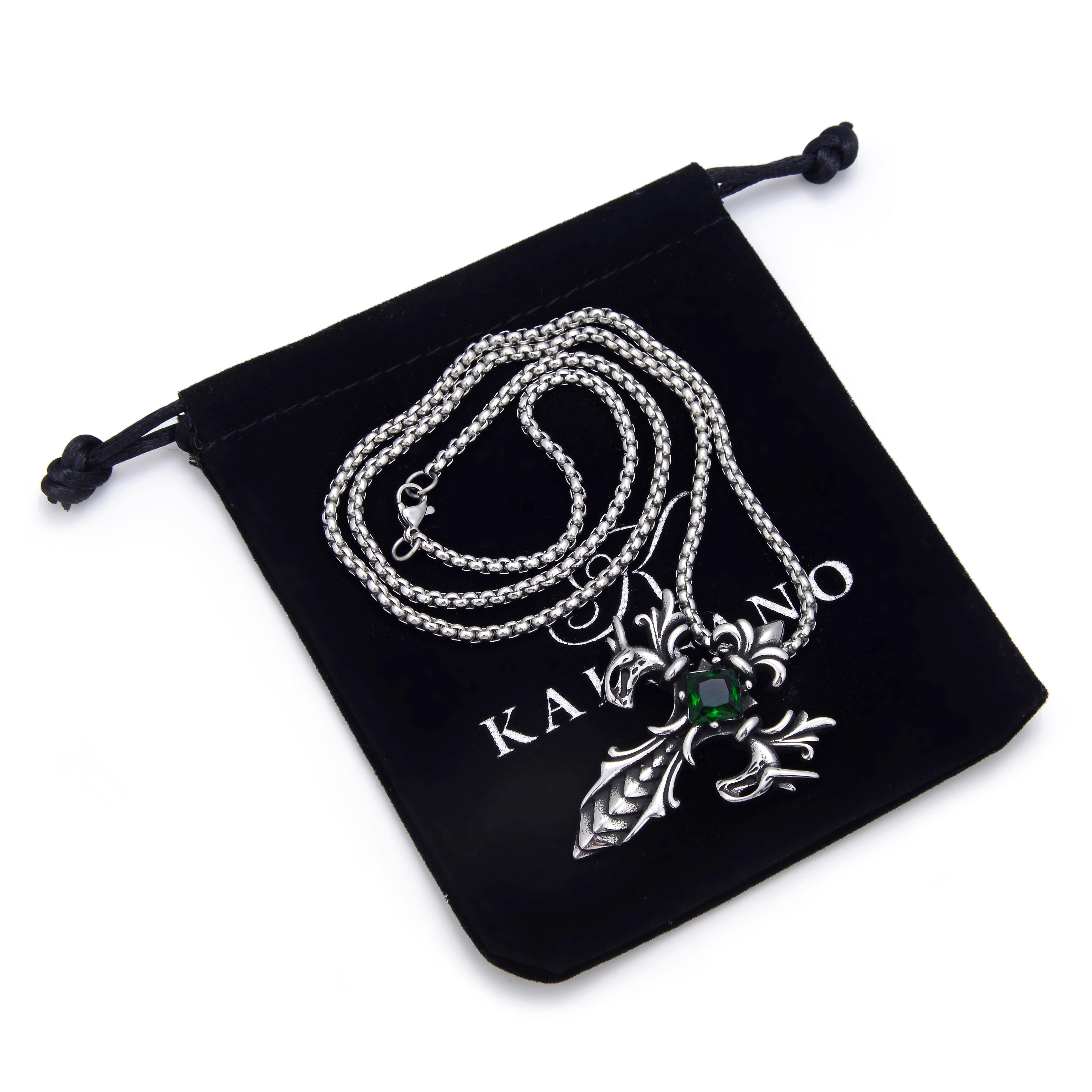 Kalifano Steel Hearts Jewelry Steel Hearts Acorn Flared Cross with Green Crystal Necklace SHN120-110