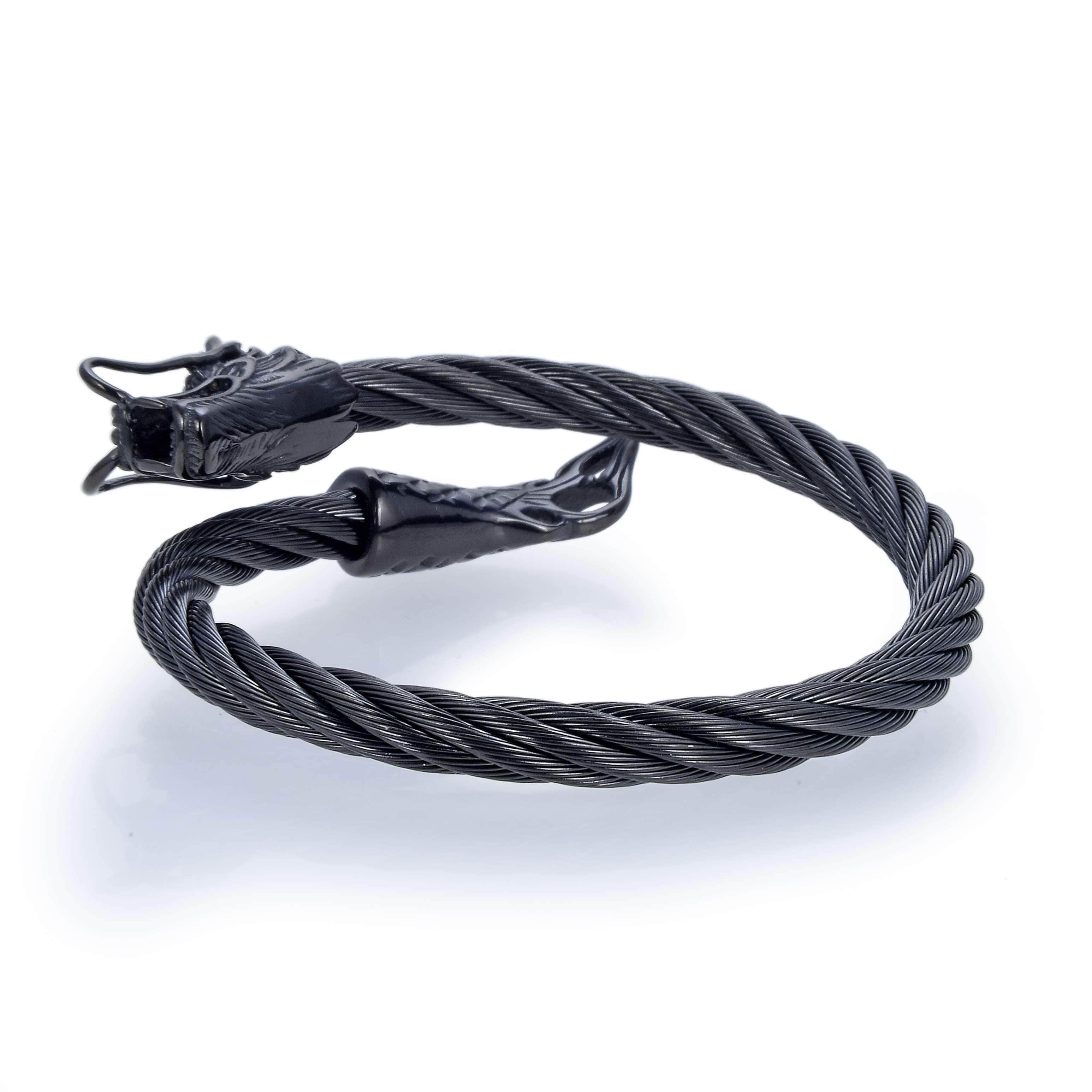 Kalifano Steel Hearts Jewelry Steel Hearts Black Rope Chain Chinese Dragon Tip Open Bangle Bracelet SHB200-55