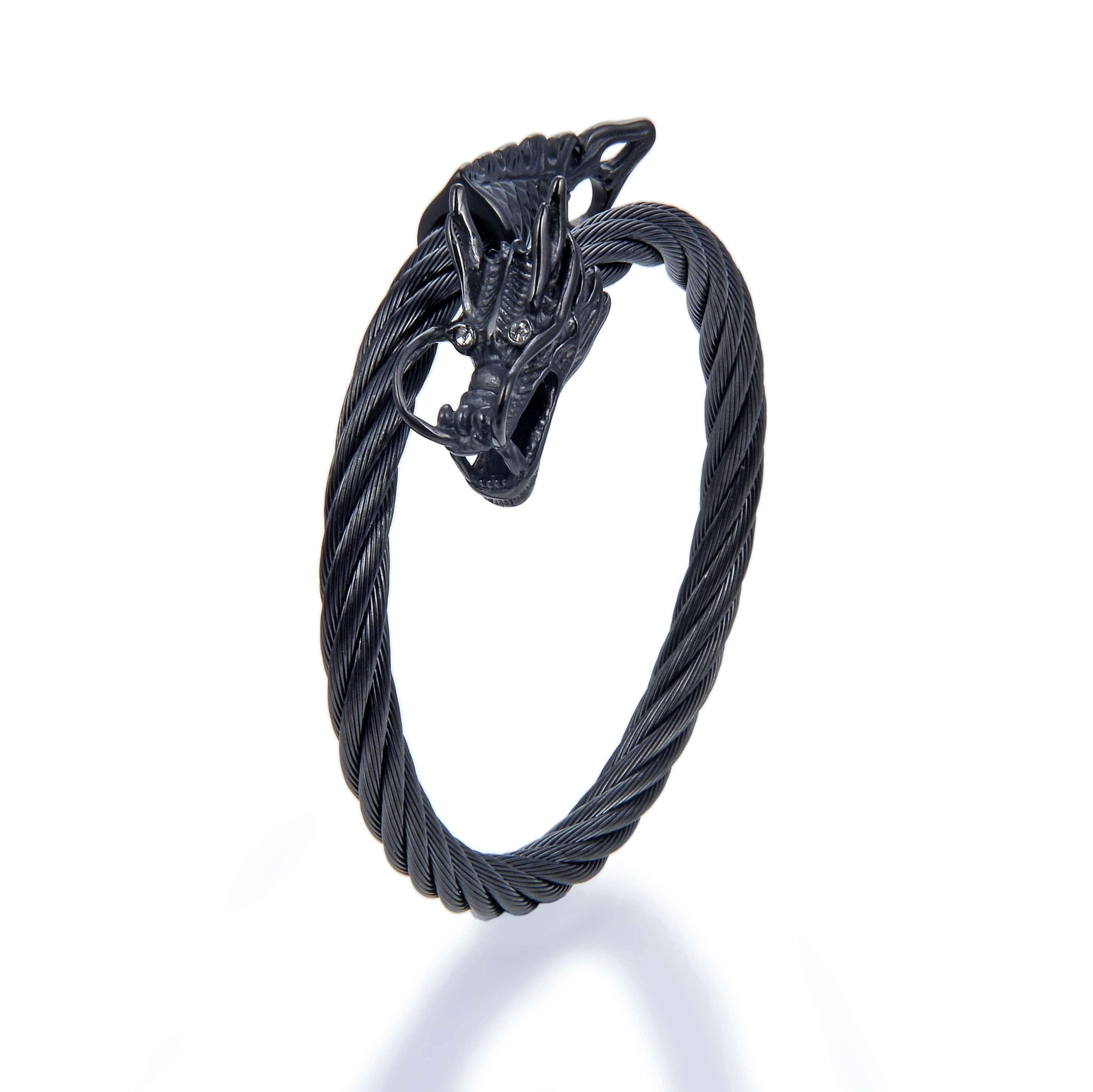 Kalifano Steel Hearts Jewelry Steel Hearts Black Rope Chain Chinese Dragon Tip Open Bangle Bracelet SHB200-55