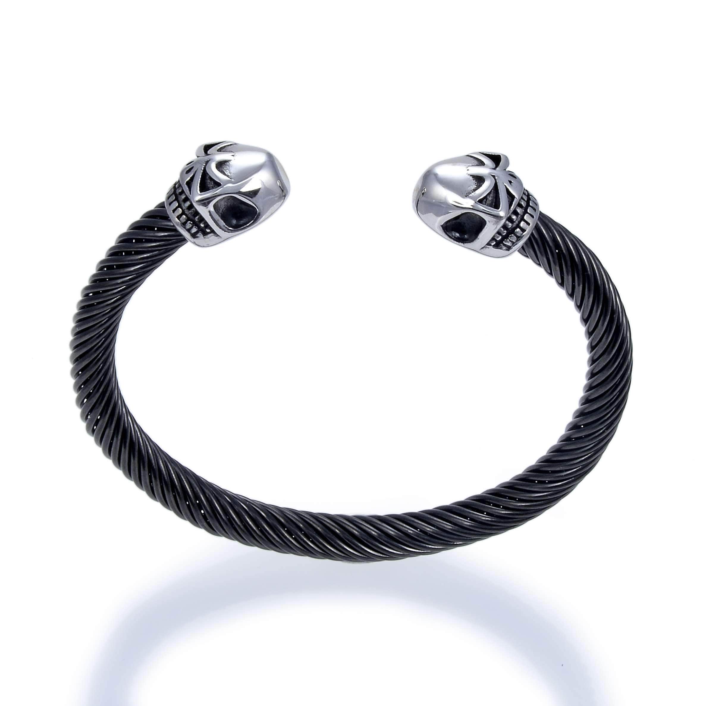 Kalifano Steel Hearts Jewelry Steel Hearts Black Rope Chain Pointed Skull Tip Open Bangle Bracelet SHB200-58