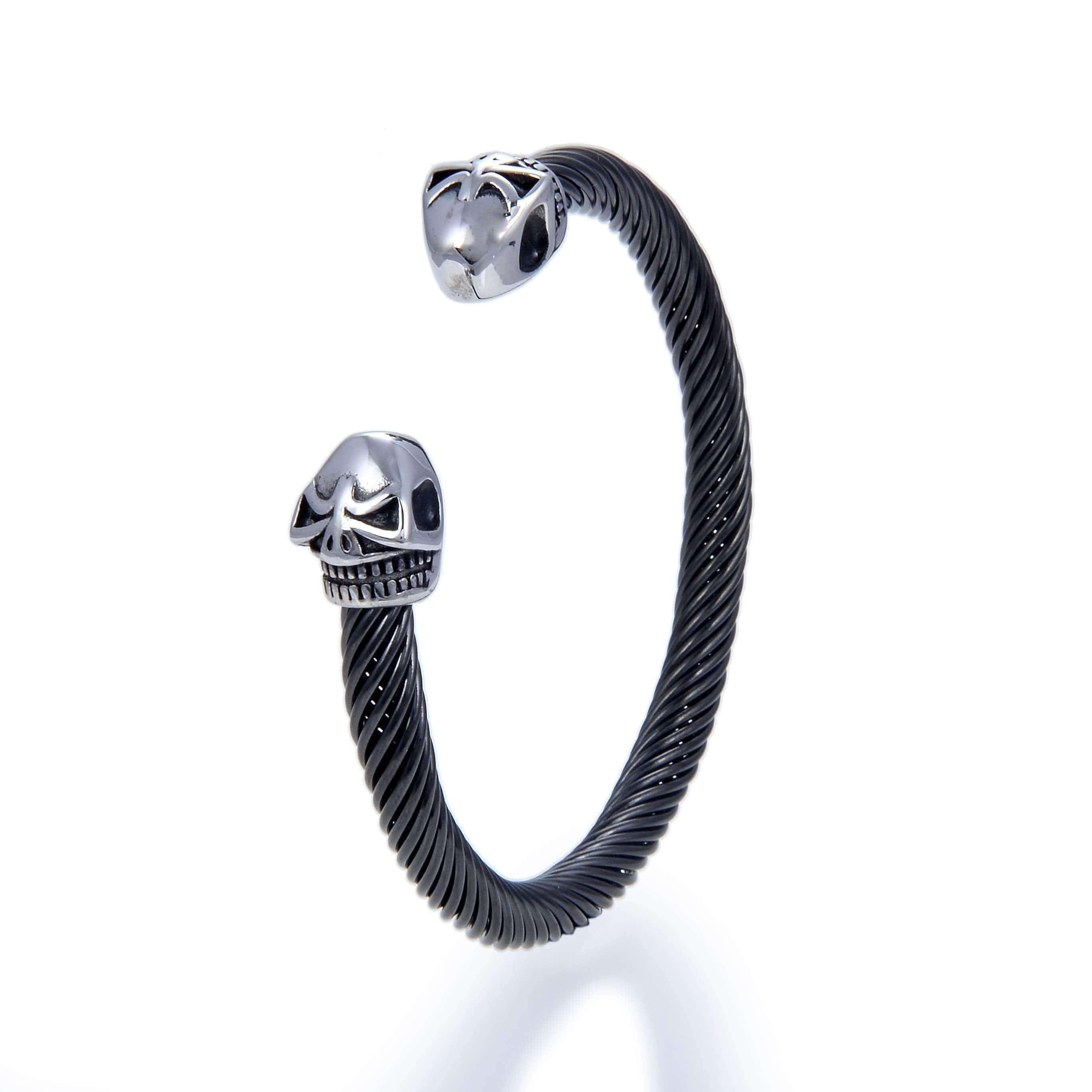 Kalifano Steel Hearts Jewelry Steel Hearts Black Rope Chain Pointed Skull Tip Open Bangle Bracelet SHB200-58