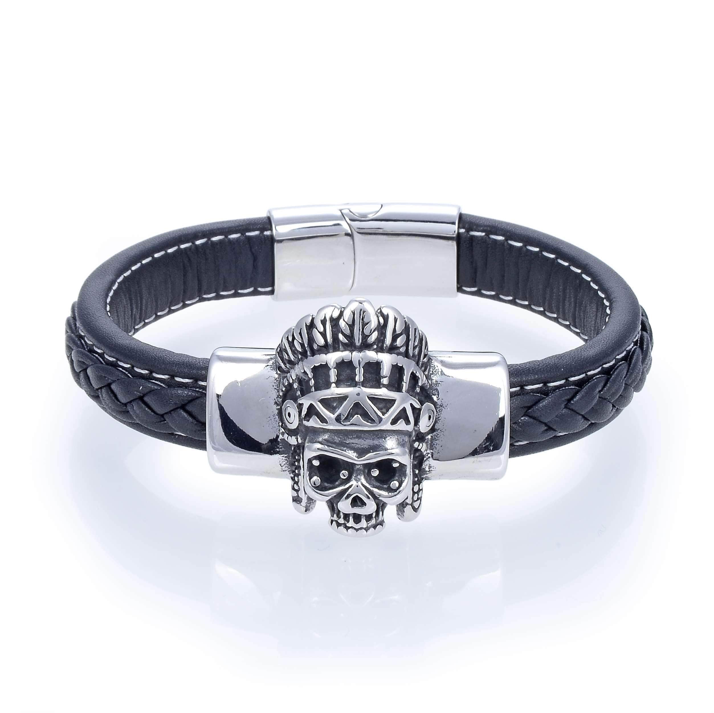 Kalifano Steel Hearts Jewelry Steel Hearts Chief Skull Black Leather Bracelet SHB200-127