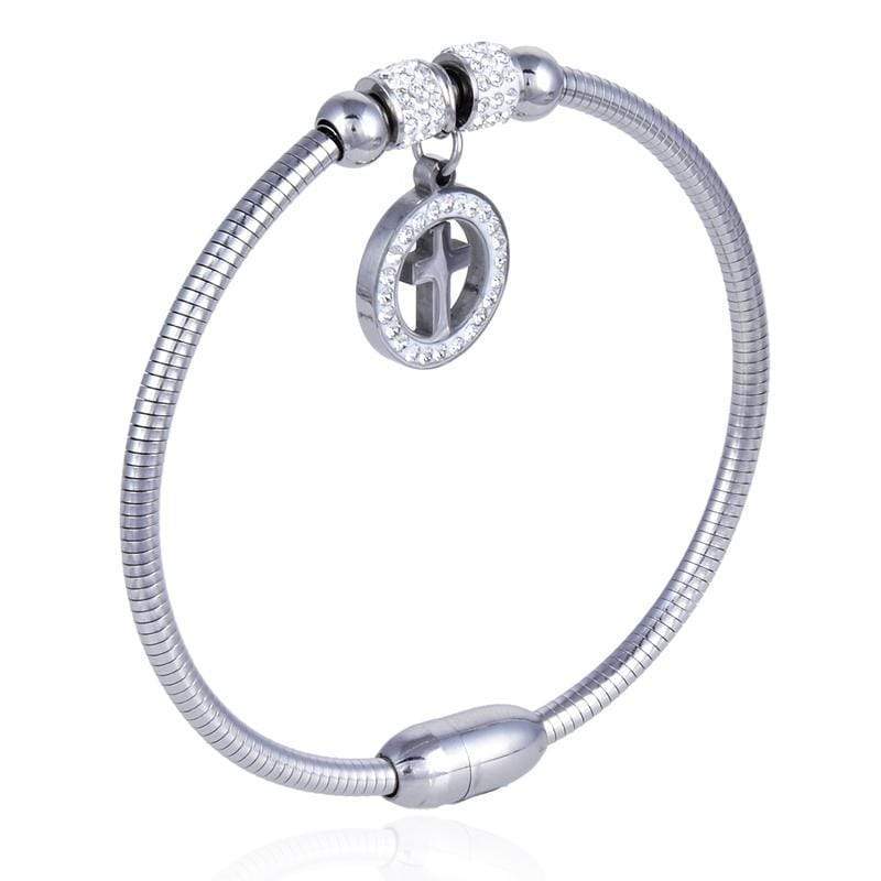 Kalifano Steel Hearts Jewelry Steel Hearts Cross Gemstone Pendant Bangle Bracelet SHB200-21