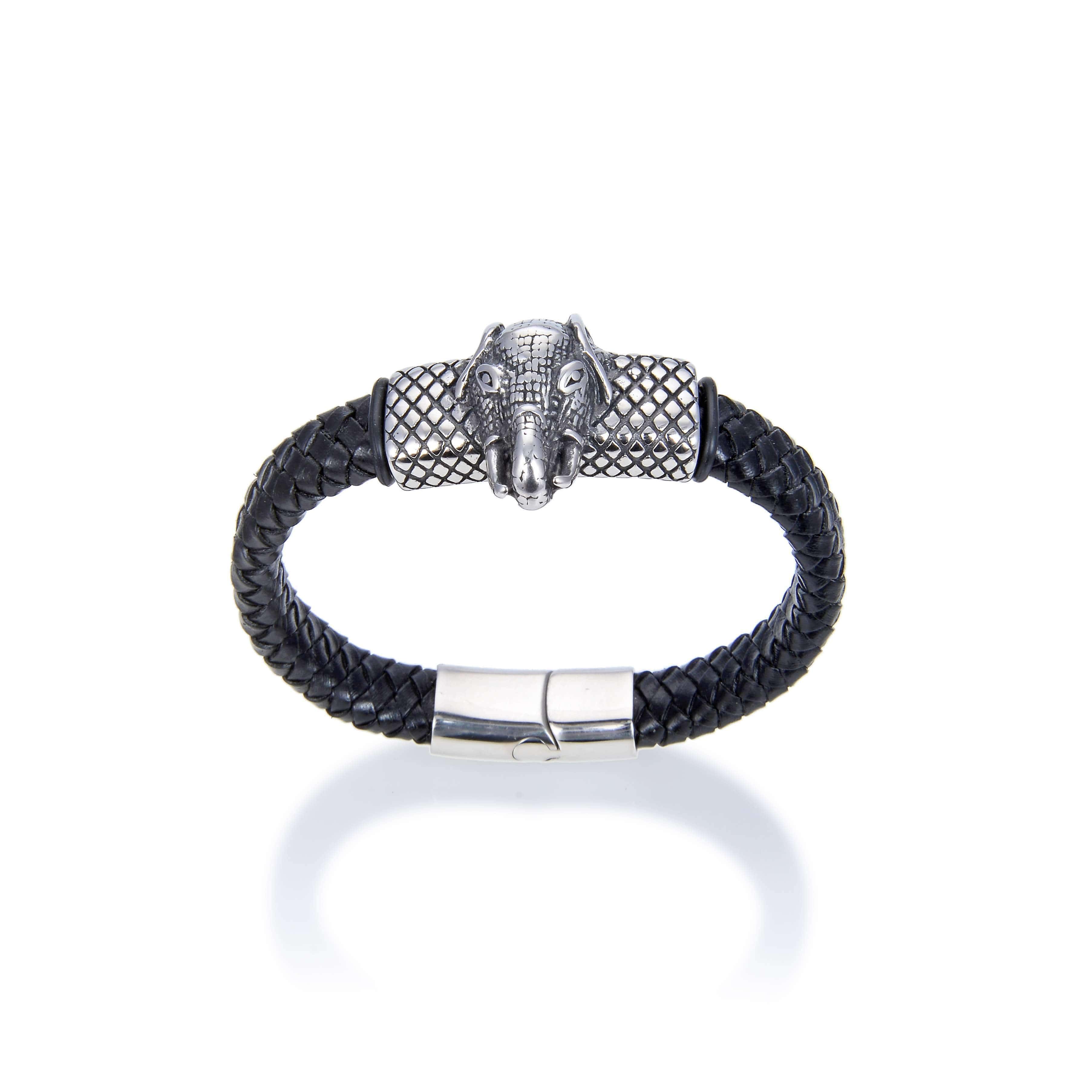 Kalifano Steel Hearts Jewelry Steel Hearts Elephant Head Black Leather Bracelet SHB200-75