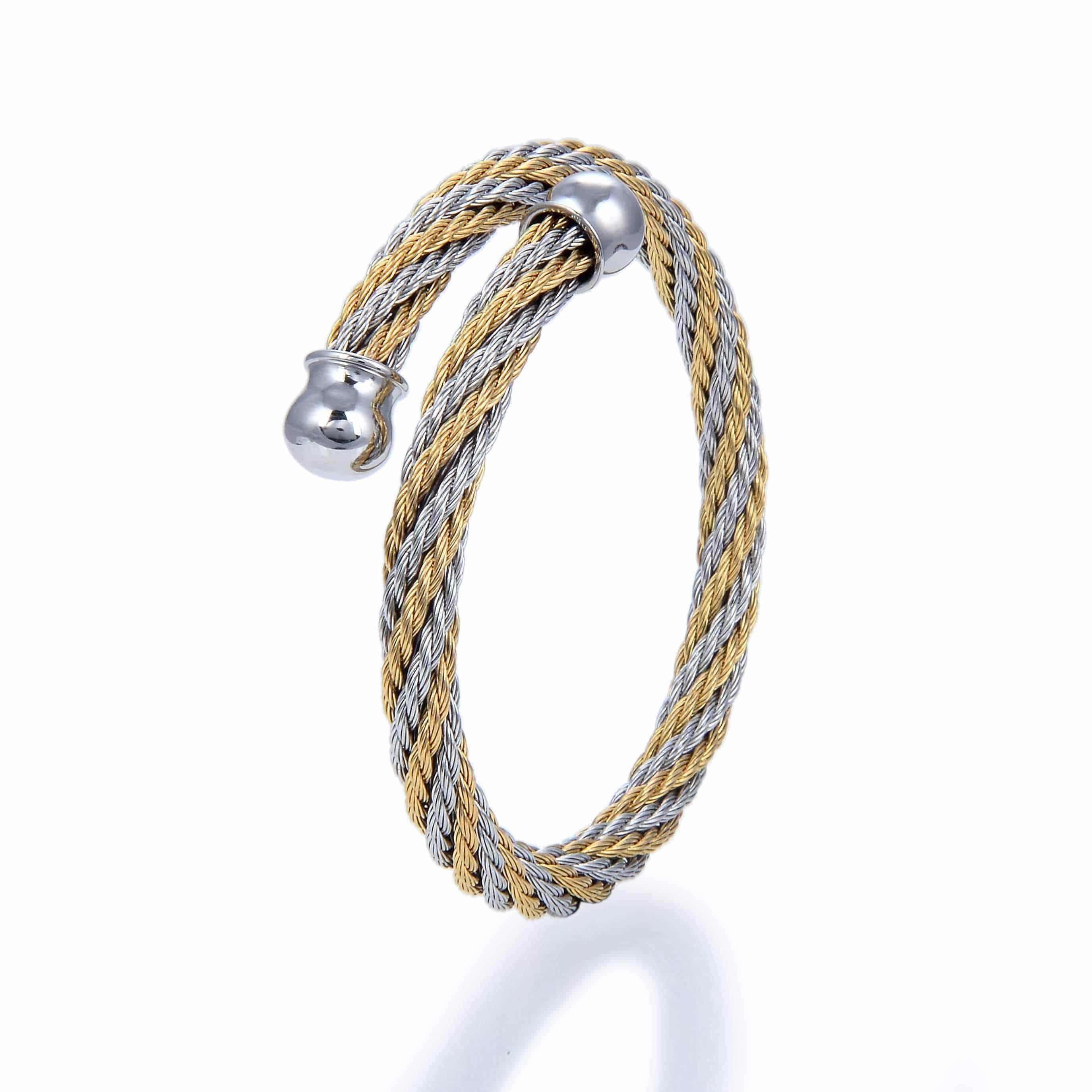 Kalifano Steel Hearts Jewelry Steel Hearts Gold Alternating Rope Chain Round Tip Open Bangle Bracelet SHB200-52