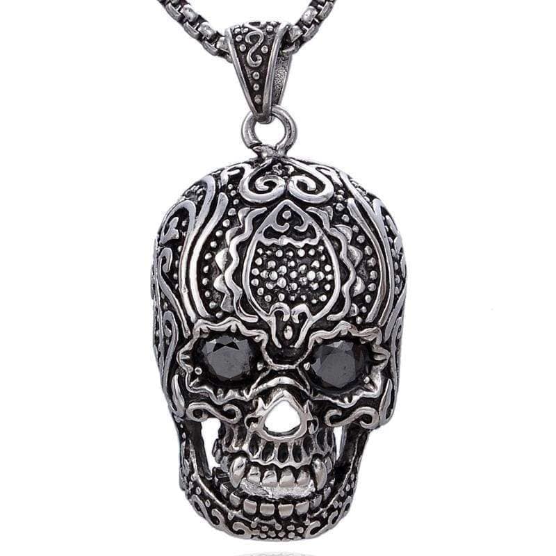 Kalifano Steel Hearts Jewelry Steel Hearts  Ornate Skull with Black Gemstone Necklace SHN200-08