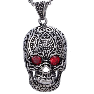 Kalifano Steel Hearts Jewelry Steel Hearts Ornate Skull with Red Crystal Necklace SHN200-09