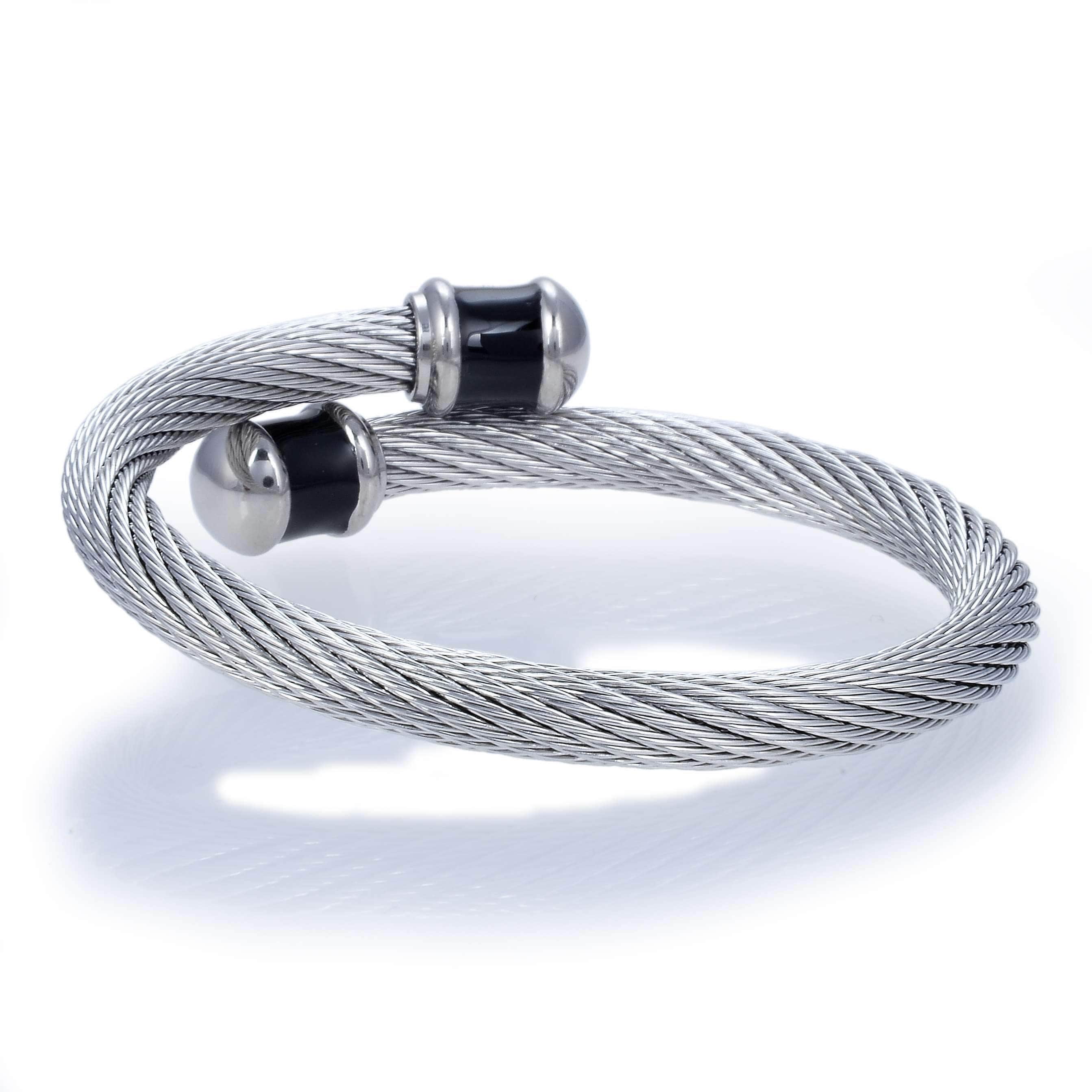 Kalifano Steel Hearts Jewelry Steel Hearts Rope Chain Black Tip Open Bangle Bracelet SHB200-50