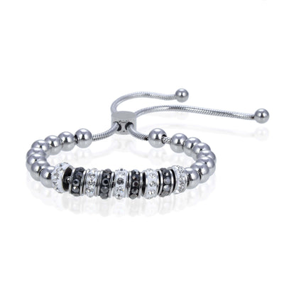Kalifano Steel Hearts Jewelry Steel Hearts Round Metal and Diamond Studded Beads Adjustable Bracelet SHB200-47