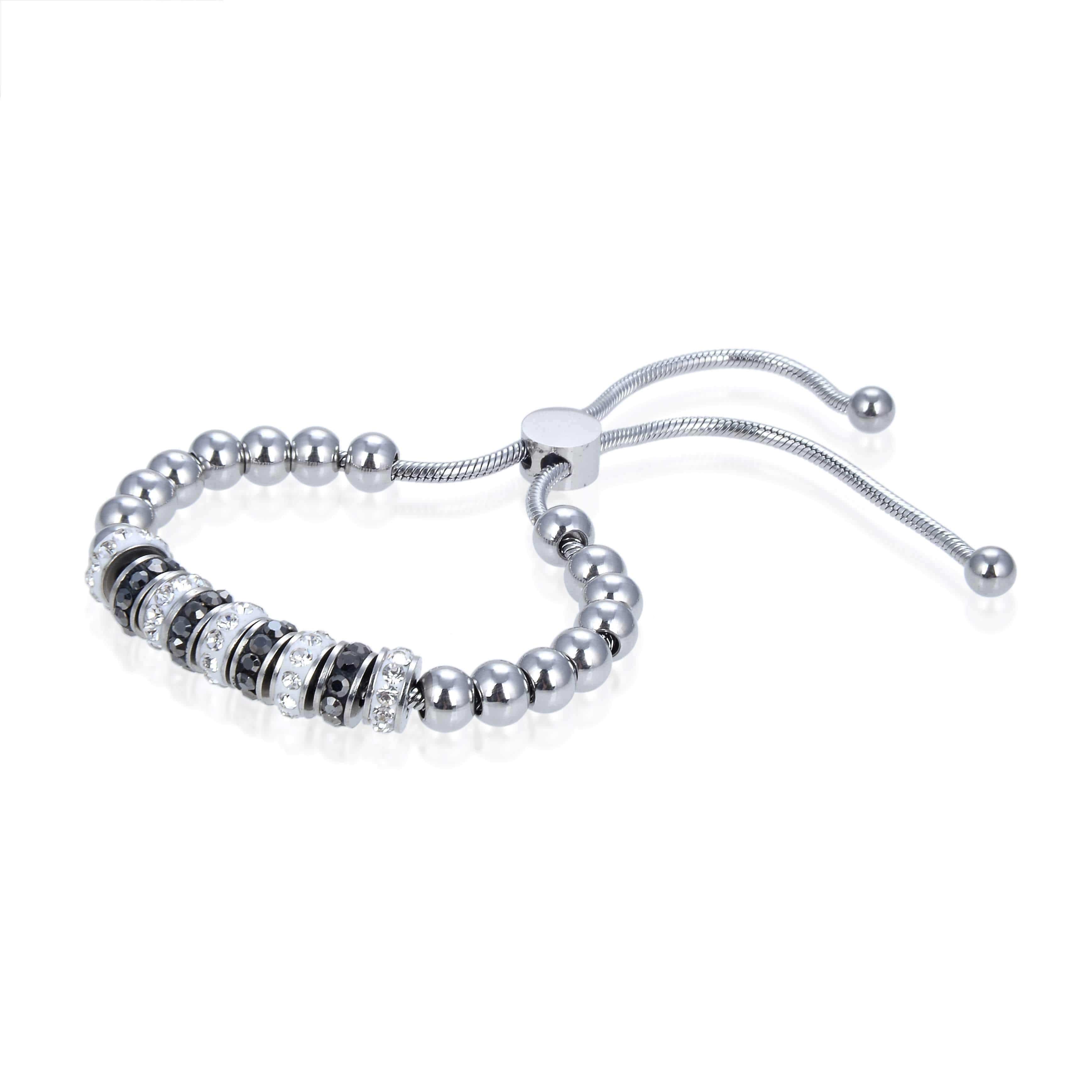 Kalifano Steel Hearts Jewelry Steel Hearts Round Metal and Diamond Studded Beads Adjustable Bracelet SHB200-47