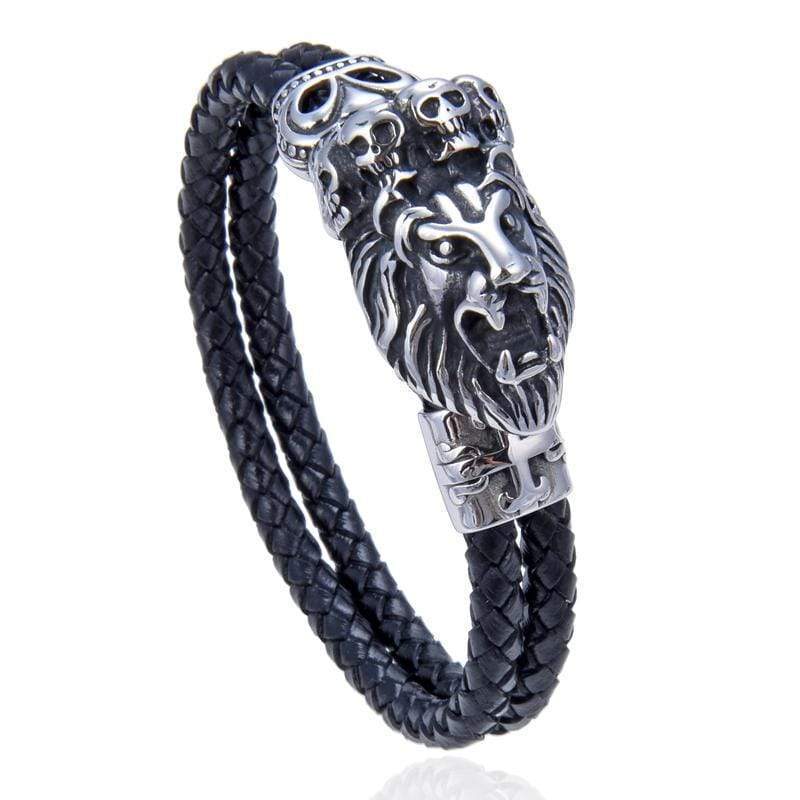 Kalifano Steel Hearts Jewelry Steel Hearts Skull Crowned Lion Leather Bracelet SHB200-33