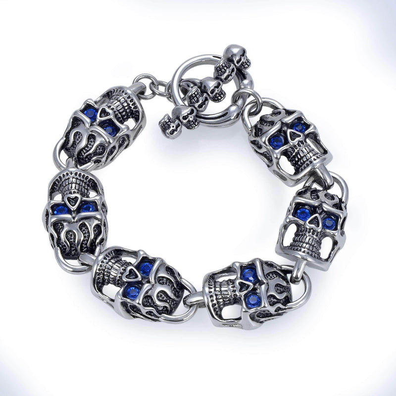 Kalifano Steel Hearts Jewelry Steel Hearts Skull with Blue Gemstone Toggle Lock Bracelet SHB400-24