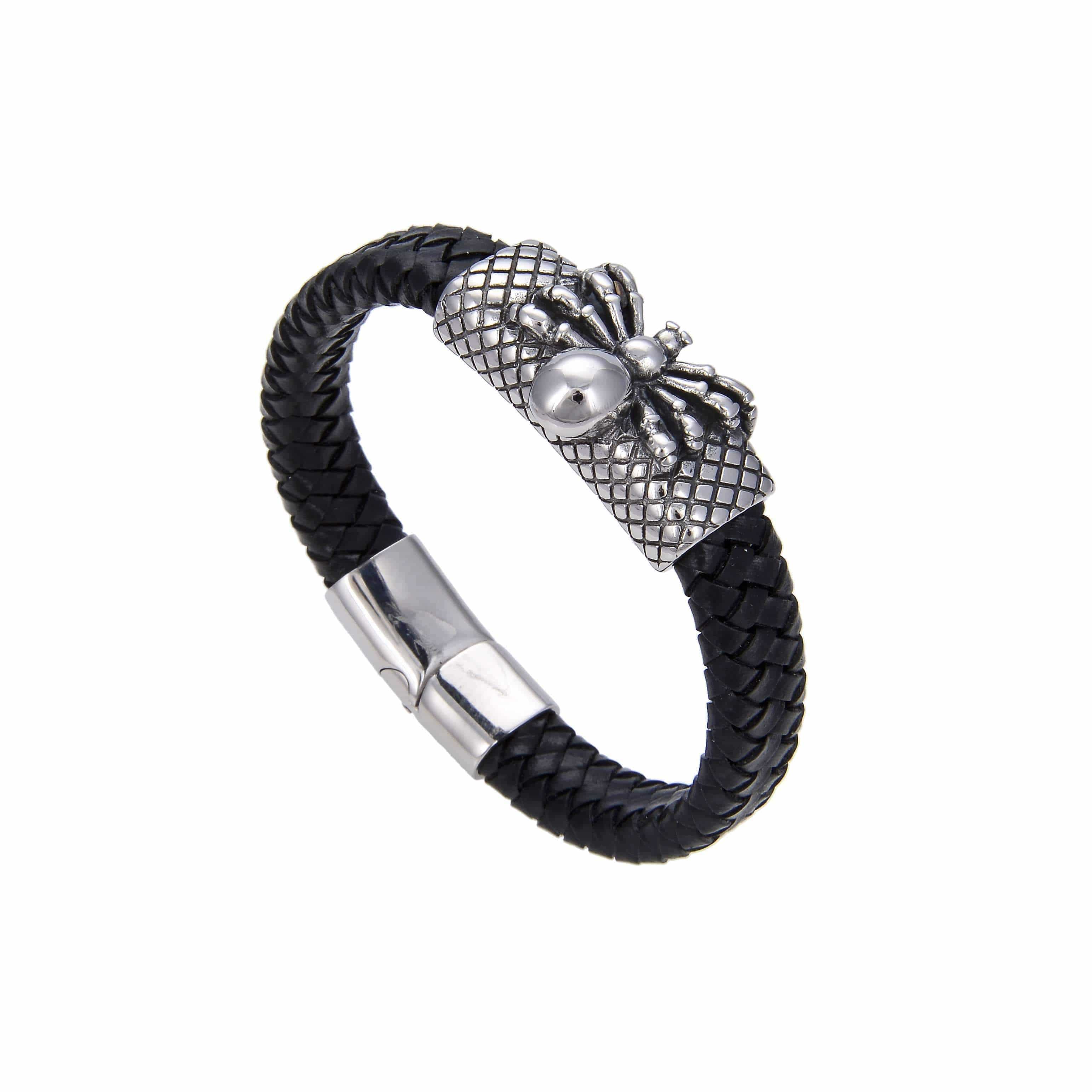 Kalifano Steel Hearts Jewelry Steel Hearts Spider Black Leather Bracelet SHB200-95