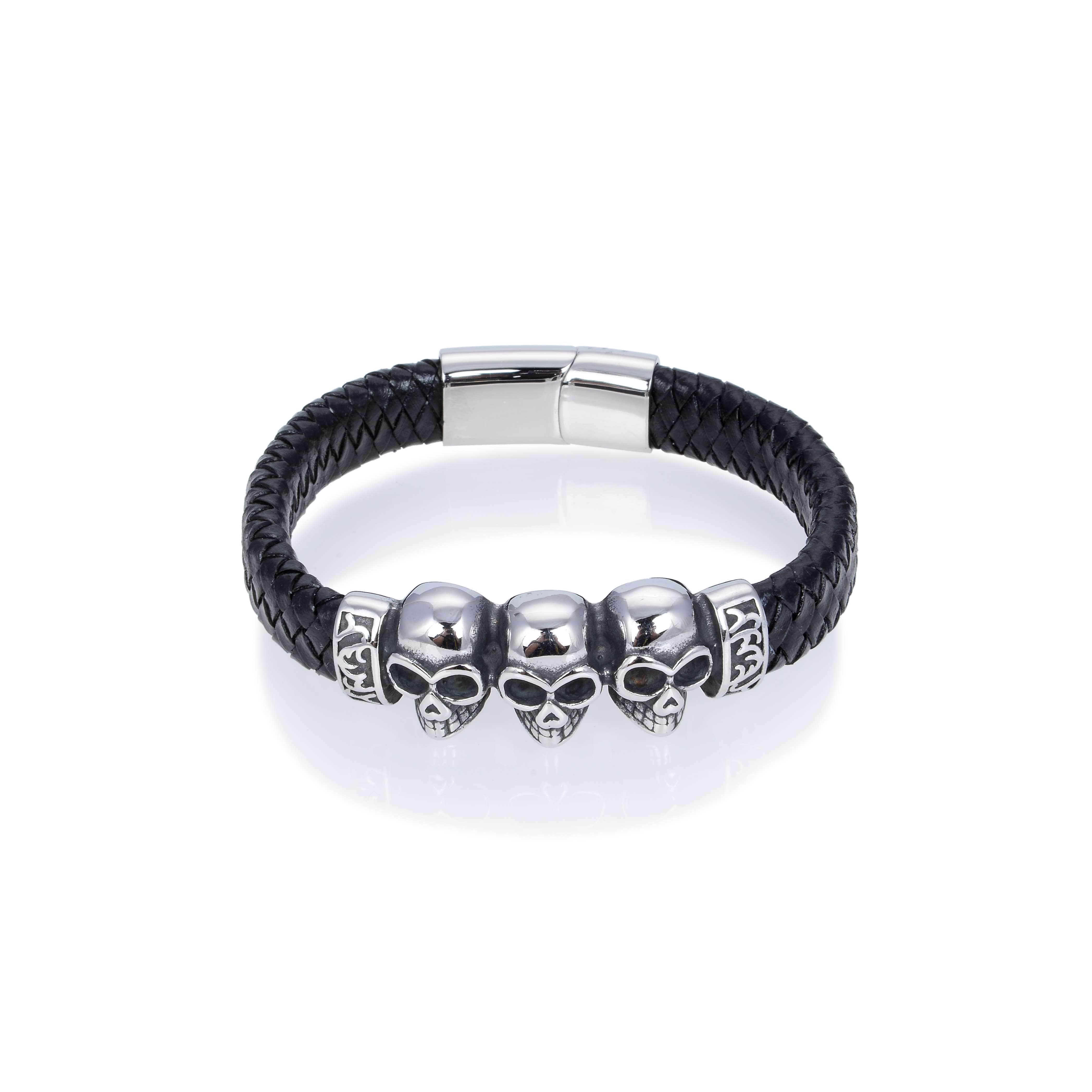 Kalifano Steel Hearts Jewelry Steel Hearts Tri-Skull Chain Black Leather Bracelet SHB200-85