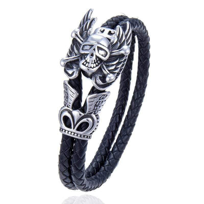 Kalifano Steel Hearts Jewelry Steel Hearts Winged Skull and Crown Leather Bracelet SHB200-25