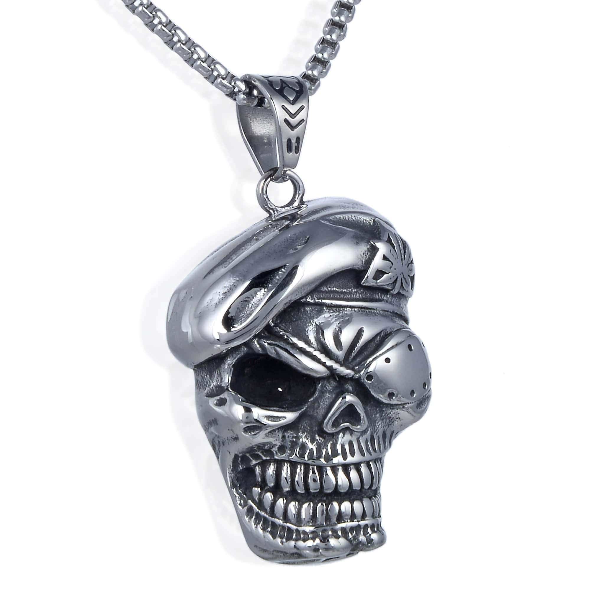 Kalifano Steel Hearts Jewelry teel Hearts Skull with Beret and Eyepatch Necklace SHN120-80